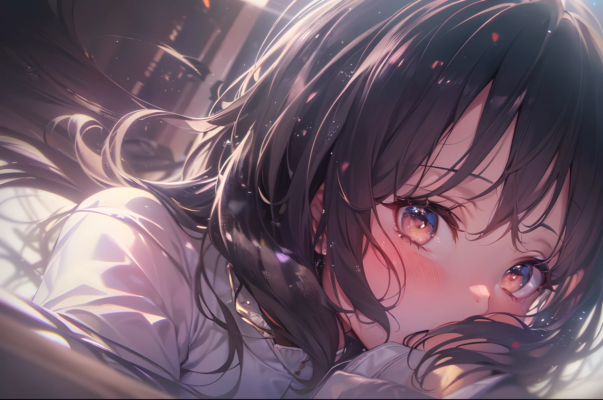 (a beautiful girl is sinking) ,in the sky , brown and black hair, uniform clothes, gradient eyes, anime style, chiaroscuro, depth of field, cinematic lighting, god rays, ray tracing, reflection light, glowing light, (from side(, highres, (masterpiece), best quality, highres, (super detail), anatomically correct, UHD, textured skin