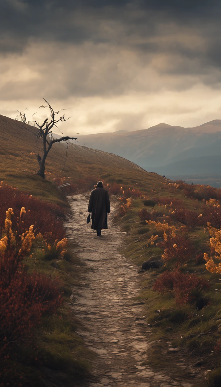 Withered vines, old trees, dark crows, small bridges and flowing water, people on the ancient road, westerly wind and thin horses, the sun sets, heartbroken people are at the end of the world