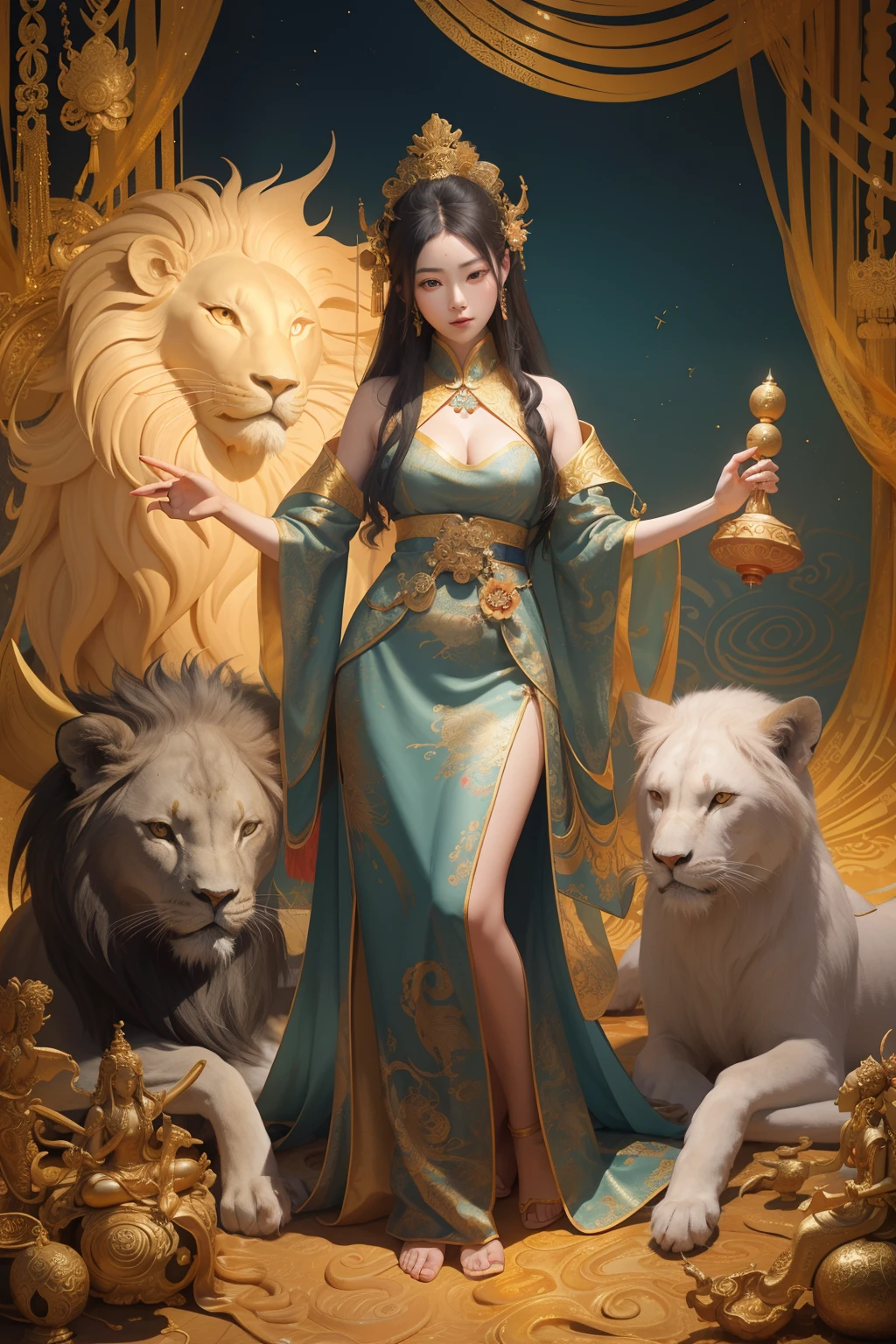 an ancient Chinese goddess, guanyin of the southern seas, Guanyin, Inspired by China, Avalokiteshvara rides a lion，,Serene expression,shui mo hua,Buddha,Buddhist,Lotus,Chinese painting style,Thangka style