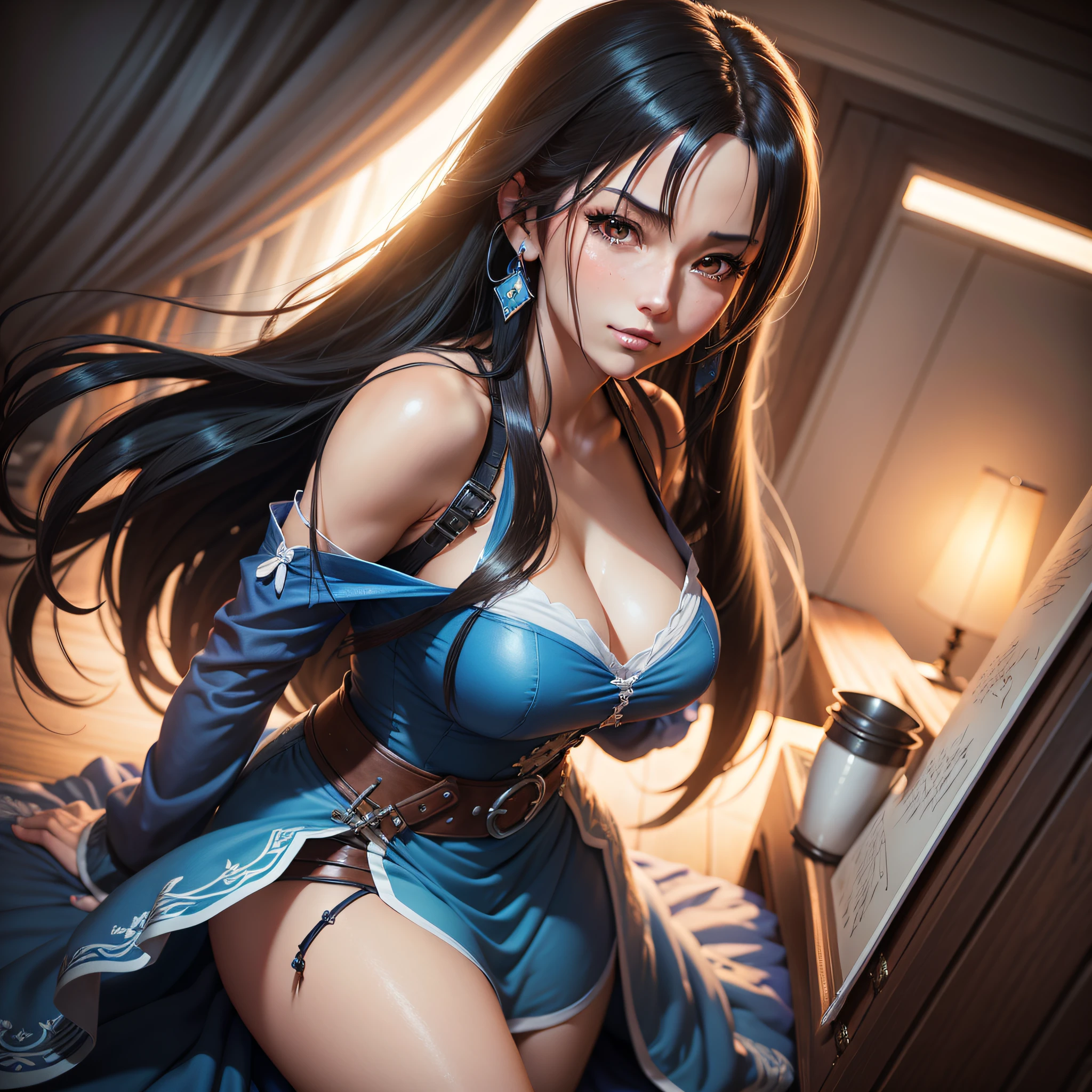 a close up of a woman with long hair wearing a blue dress，smooth anime cg art，Inspired by Tifa，Beautiful character painting，GameCG，inspired by Leng Mei，3D anime realism，2。5 D CGI anime fantasy artwork、Intricately gorgeous anime CGI style、close up character、Stunning anime face portrait、High detail facial anime