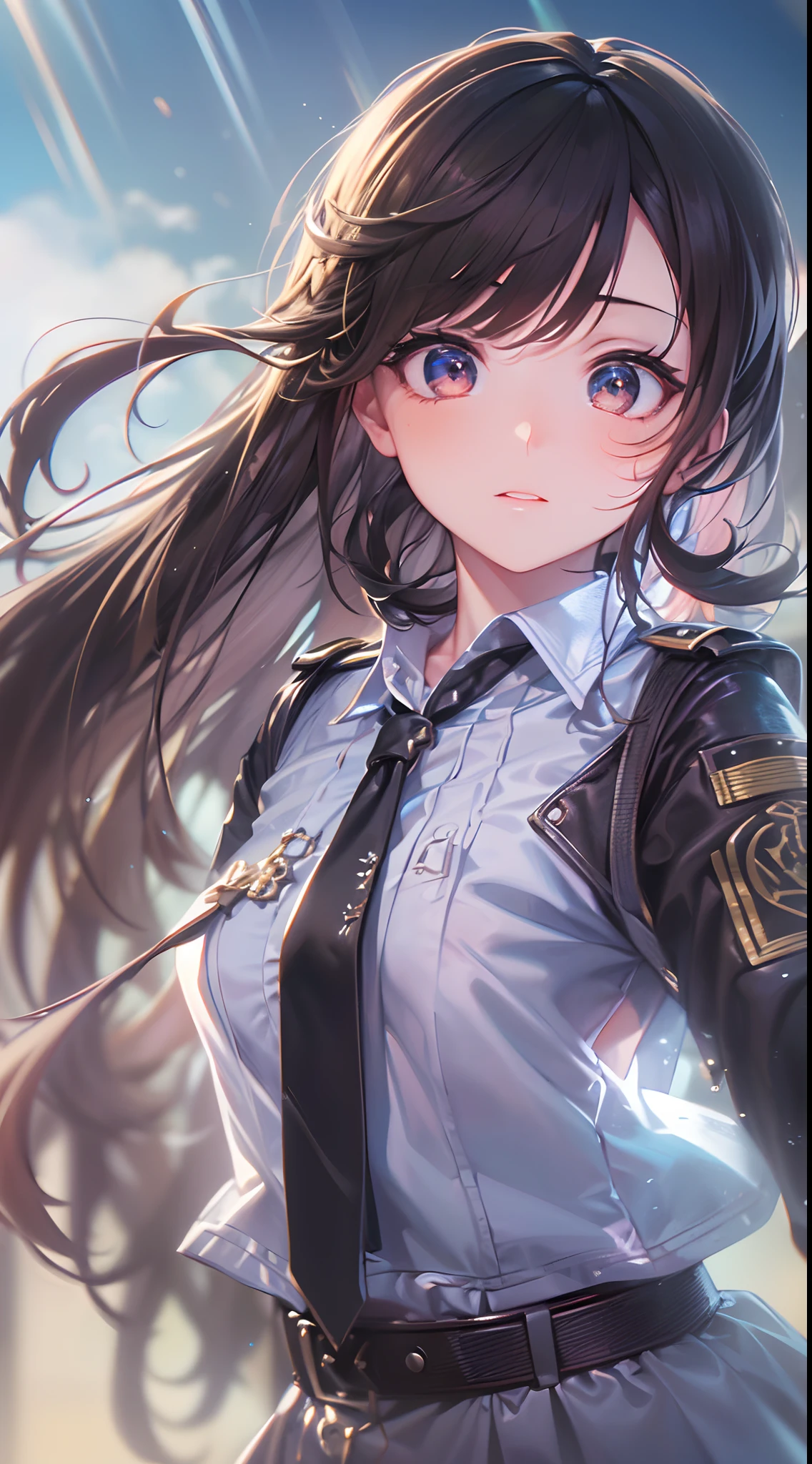(a beautiful girl is sinking) ,in the sky , brown and black hair, uniform clothes, gradient eyes, anime style, chiaroscuro, depth of field, cinematic lighting, god rays, ray tracing, reflection light, glowing light, (from side(, highres, (masterpiece), best quality, highres, (super detail), anatomically correct, UHD, textured skin