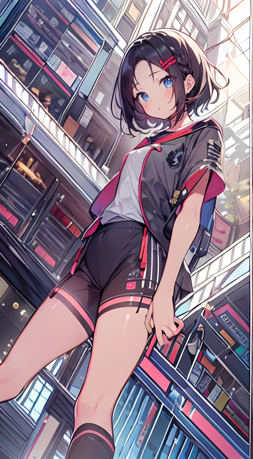 masutepiece, Best Quality,Illustration, Wallpaper, Ultra Detail, 1girl in,Solo,Beautiful detailed eyes,Very thick contour lines、Medium Short-Cut Hair、Short, Braided hair、(student clothes)、Dark hair color、:o、Kamimei、Angle from which you can see the whole body、Overlooking angle:1.2、small head、a small face