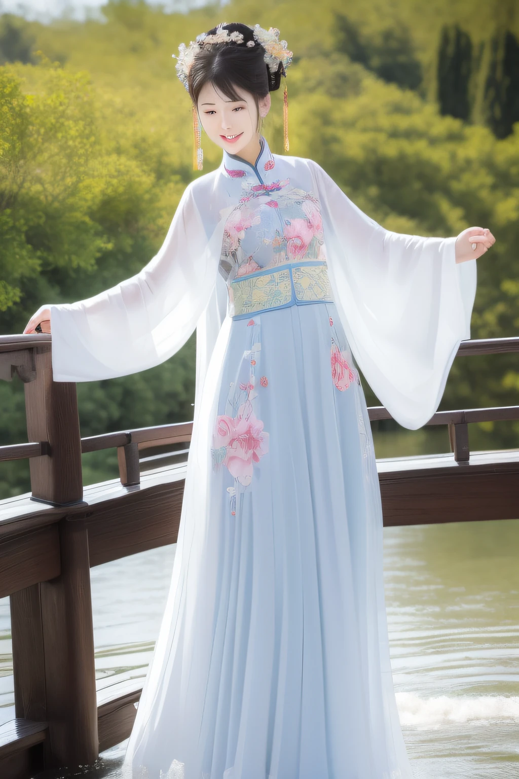 small bridge flowing water,On the bridge deck stood a woman dressed in Chinese clothing。。。。。。,Delicate facial features,In exuberant spirits,hyper HD。