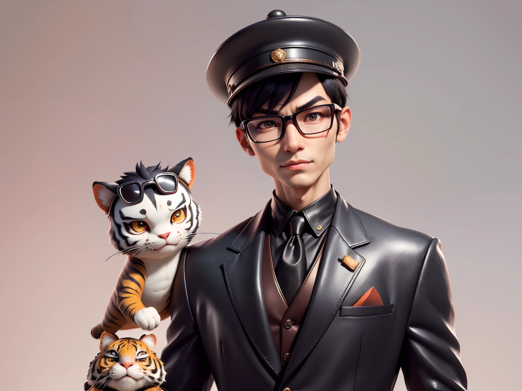 Young man with oriental face in leather hat, tiger, oriental face in formal suit, short black hair, silver glasses, digital painting, 3D character design by Mark Clairedon and Pixar and Hayao Miyazaki and Akira Toriyama, the illustration is a high-definition illustration in 4K resolution with very detailed facial features and cartoon-style visuals.