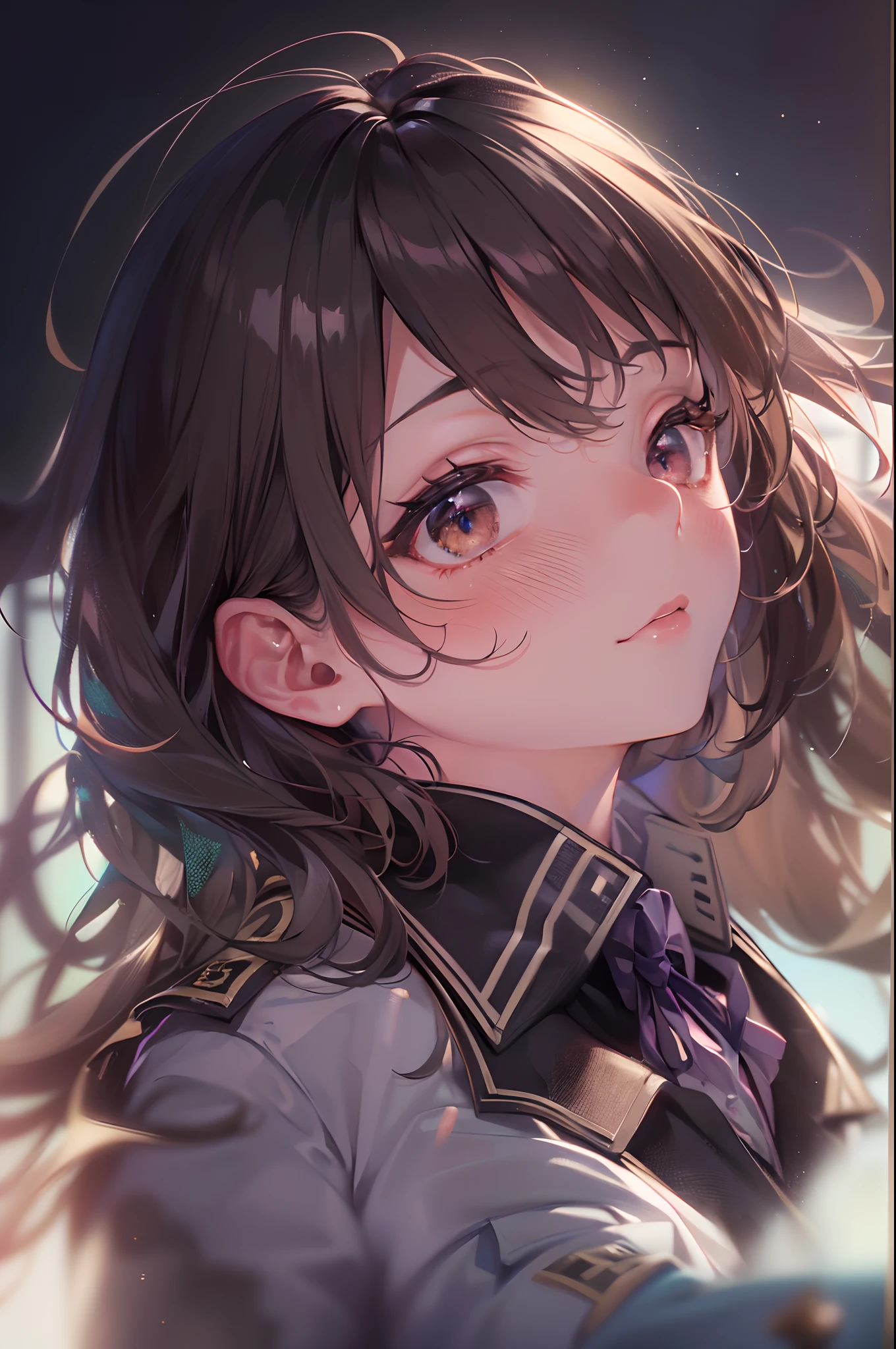 (a beautiful girl is sinking) ,in the sky , brown and black hair, uniform clothes, gradient eyes, anime style, chiaroscuro, depth of field, cinematic lighting, god rays, ray tracing, reflection light, glowing light, (from side(, highres, (masterpiece), best quality, highres, (super detail), anatomically correct, UHD, textured skin