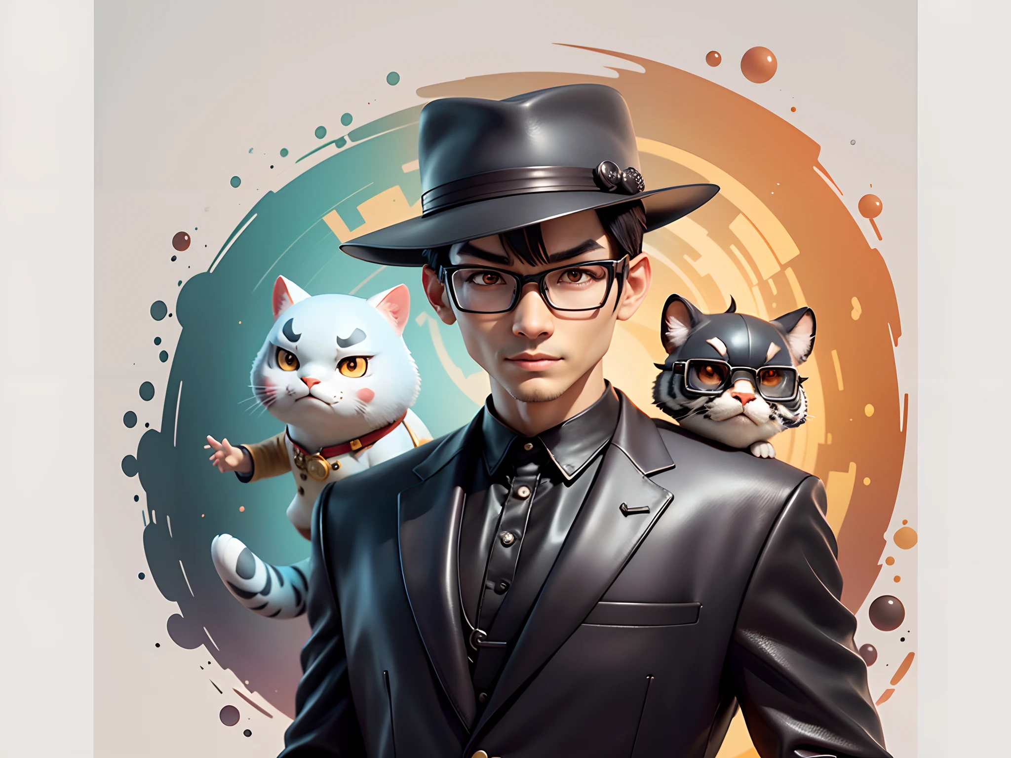 Young man with oriental face in leather hat, tiger, oriental face in formal suit, short black hair, silver glasses, digital painting, 3D character design by Mark Clairedon and Pixar and Hayao Miyazaki and Akira Toriyama, the illustration is a high-definition illustration in 4K resolution with very detailed facial features and cartoon-style visuals.