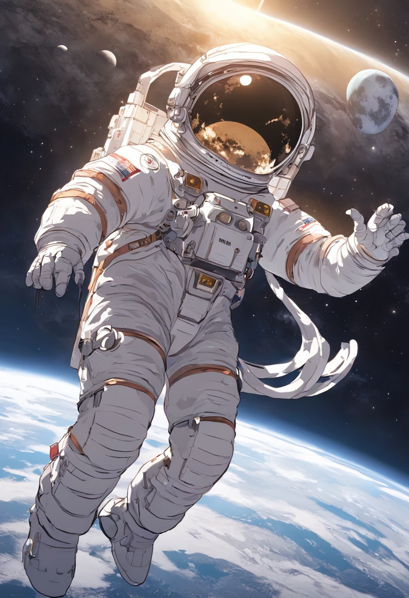 1 astronaut, helmet, space suit, (floating in zero gravity:1.2), earth, Moon, stars, Spaceship, (Reflect sunlight:0.8), Milky Way, (Distant galaxies:1.3), moons, rocket launch, (exhaust gas:0.9), space station, (Cosmic background radiation:1.1), spacewalk, (Tethered to a spacecraft:1.4), (Repair satellites:1.2), (Weightless environment:0.7), (Communication equipment:0.8), (Explore new planets:1.3), (Collect samples:1.1), solar system, (Reflection of an astronaut on a visor:0.9), (international space station:1.2), (An astronaut's perspective:1.3), (Re-entry into the atmosphere:1.4), (International cooperation:1.2), (View from inside the spacecraft:0.8), (Astronaut training:1.1), (moon landing:1.3), (Spacewalks in spacewalks):1.2), (Lunar rover:1.1), (Explore the unknown:1.4), (The shadow of an astronaut on the surface of the moon:0.9), (Floating tool:0.8), (Majestic globe landscape:1.3), (Interstellar Travel:1.2), (Astronaut badge:0.8), (Spacecraft control:1.1), (Celestial navigation:1.3), (The astronaut's visor reflects the Earth:1.2), (Space travelling:1.4), (The astronauts' spacewalk was tethered to the spacecraft:1.5).