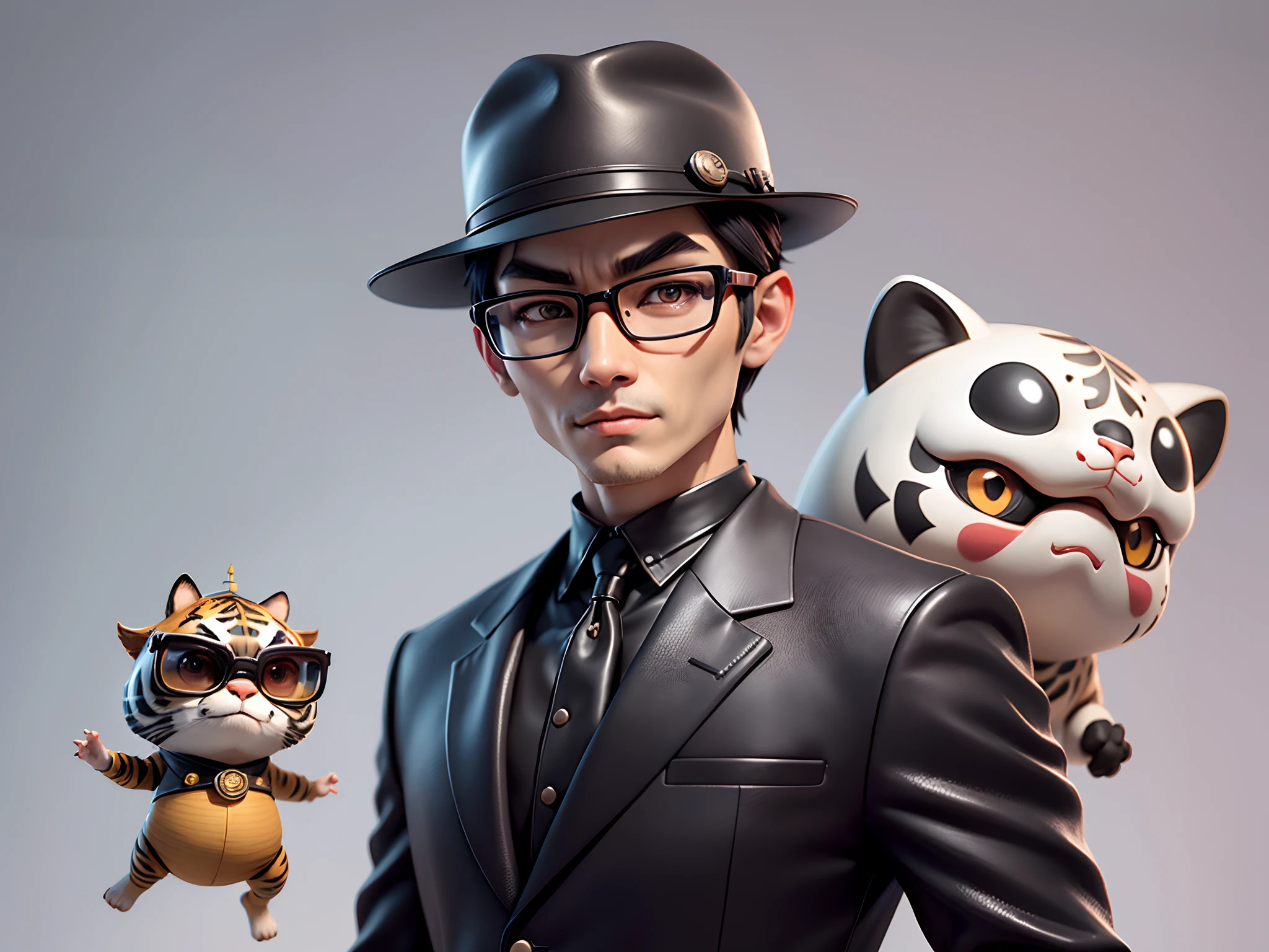 Young man with oriental face in leather hat, tiger, oriental face in formal suit, short black hair, silver glasses, digital painting, 3D character design by Mark Clairedon and Pixar and Hayao Miyazaki and Akira Toriyama, the illustration is a high-definition illustration in 4K resolution with very detailed facial features and cartoon-style visuals.