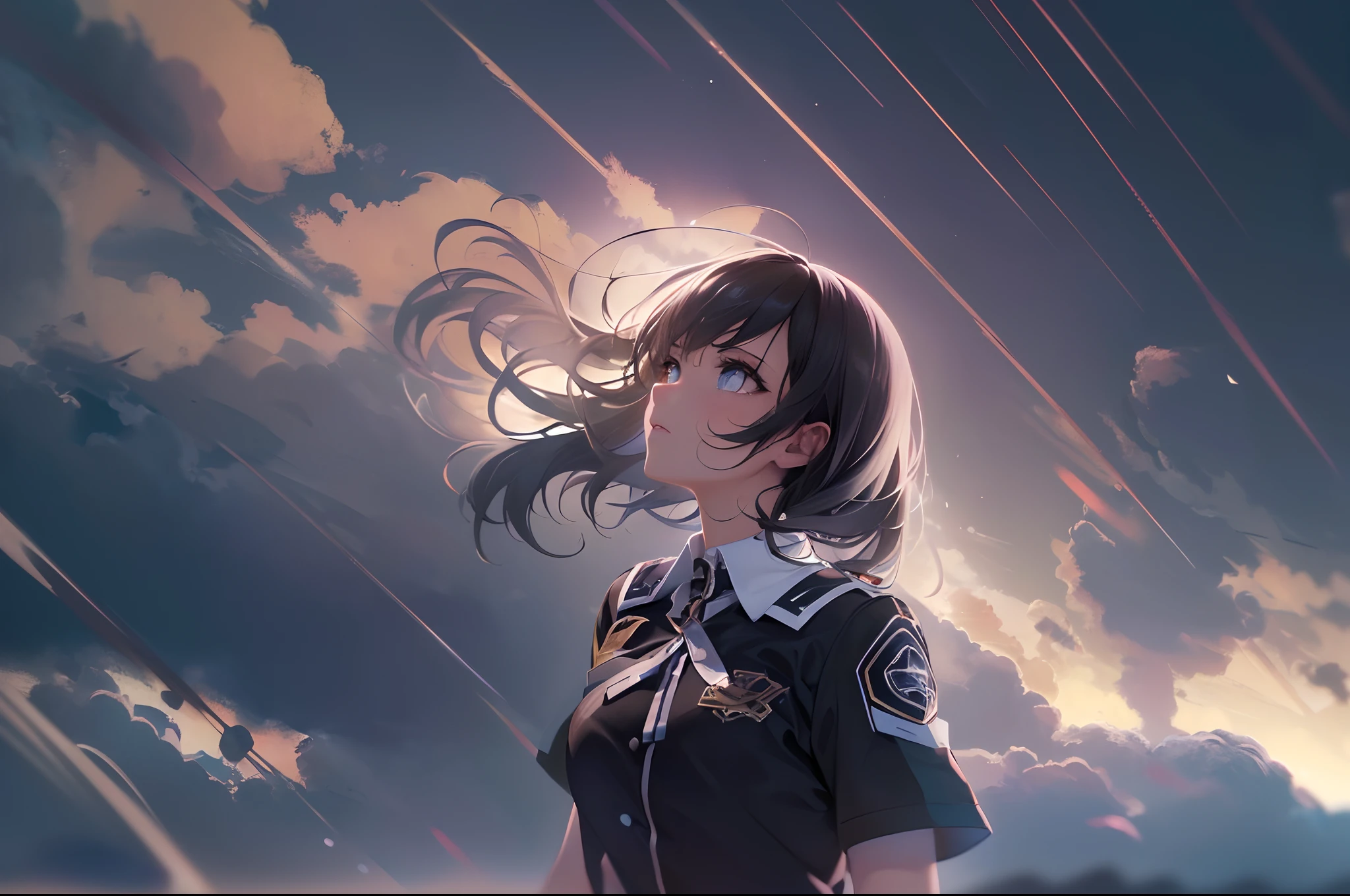 (a beautiful girl is sinking) ,in the sky , brown and black hair, uniform clothes, gradient eyes, anime style, chiaroscuro, depth of field, cinematic lighting, god rays, ray tracing, reflection light, glowing light, (from side(, highres, (masterpiece), best quality, highres, (super detail), anatomically correct, UHD, textured skin