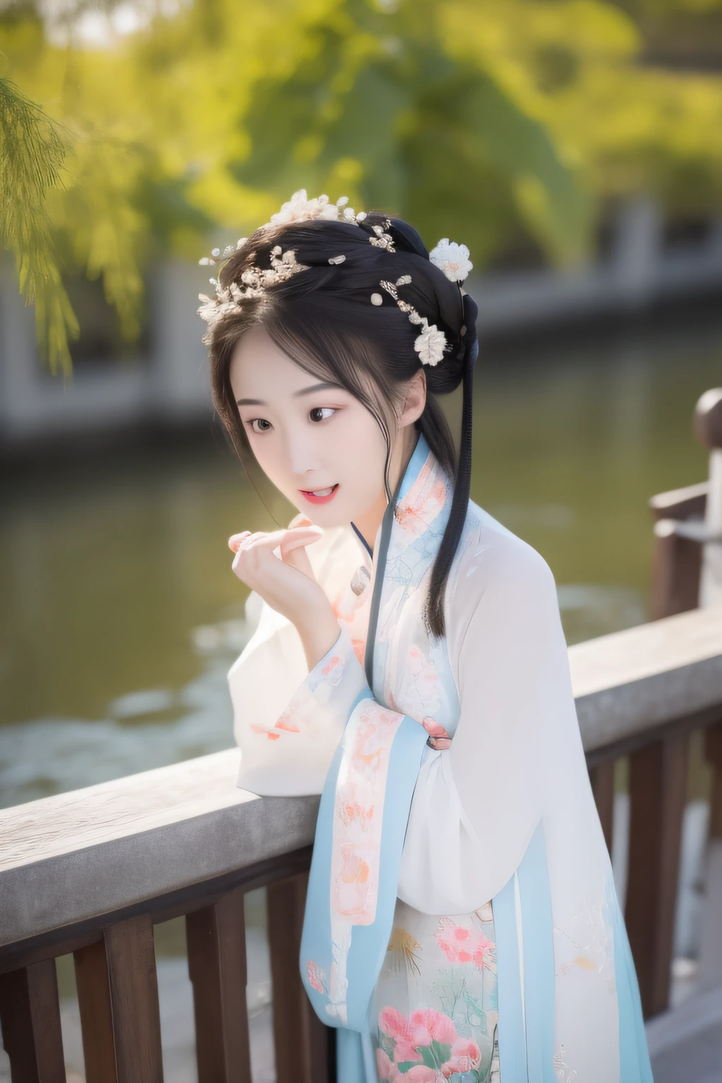 small bridge flowing water,On the bridge deck stood a woman dressed in Chinese clothing。。。。。。,Delicate facial features,In exuberant spirits,hyper HD。