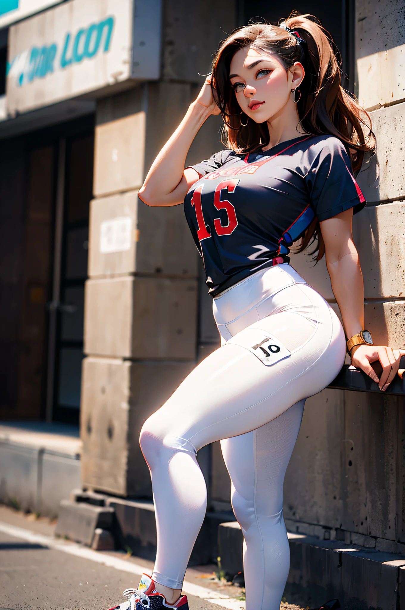 Award Winning Photos, 1 Female, Solo, Best Quality, Ultra High Resolution, 8K Resolution, The Background Is Street, (( Sport Theme)), Aggressive Face, Seductive Smiling, Beautiful Female with Perfect Figure:1/4Full Body Pose, Mature Female, Milky White Skin, Perfect Face Shape, Perfect Body, Perfect Figure, Big Boobs, Delicate and Beautiful Face, Ultra Detailed, Masterpiece, Highly Detailed Face and Skin Texture, Detailed Eyes, Double Eyelids, Minimal Makeup, Juicy Lip, Beautiful Eyes, Mesmerizing Eyes, Slim Hip, Medium Body ((Tall 165 cm.)), ((Flawless Legs)), Gorgeous, ((Sport Uniform)), ((T-Shirt Outfit)), Wearing Leggings Pants, Wearing Sneaker Shoe, Korean, Model, Luxury, Jewelry Neckless, Earring, Long Hair, ((Full Body)), Cowgirl Variety Pose, Facing The Viewer, Looking At The Viewer, Black