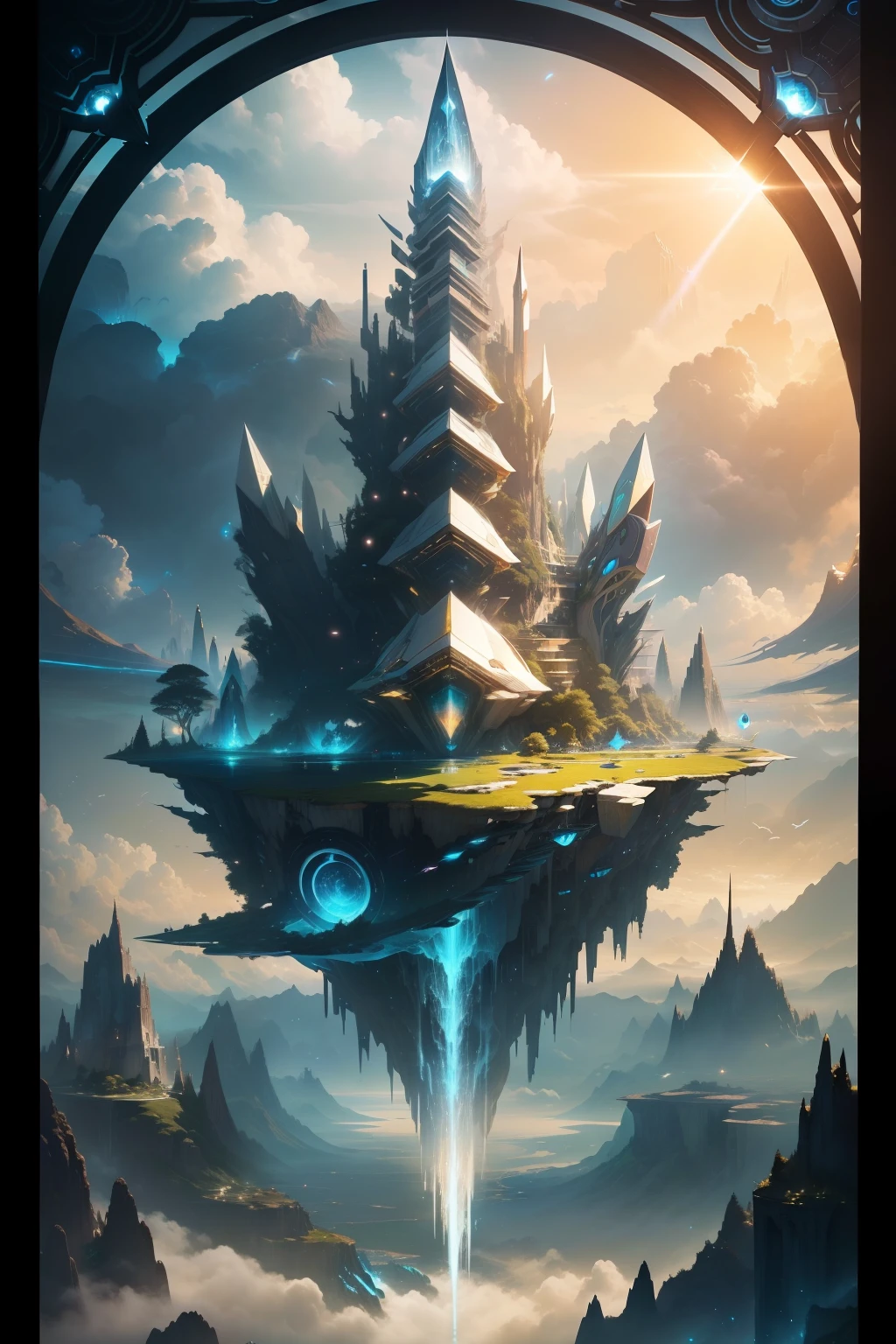 Imagine a beautiful flowing organic light contrasting world without deceit, greed or evil suspended among the clouds, with floating cities and celestial waterfalls. (highly epic detailed geometric futuristic:1.5), centered, middle of an Insanely colorful epic realistic, (centered with the frame:1.4), prismatic. grid, triangles, fractal, elemental fusion, (gold:0.9), (chromium:0.9) imagine a simple beautiful world filled with life and great beauty, flowing rivers, waterfalls, creeks, fluffy white clouds blue skies, soring birds and colorful animals of all kind, a garden, an oasis, a peaceful land, 24k resolution, photo-realistic image, hyperdetailed in the style of Life