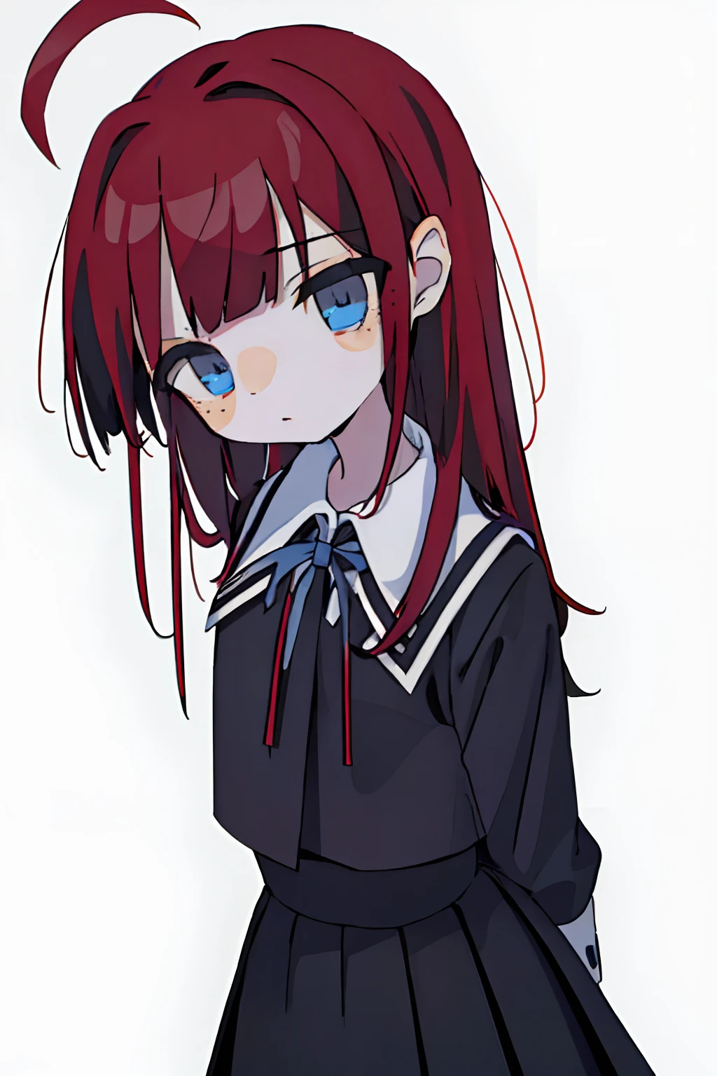 simple background, ribbon, black school uniform,
(best quality, masterpiece, RAW photo,ultra-detailed:1.2), 1girl,solo,looking at viewer, ((crimson hair)), long hair, ahoge, sidelocks, blunt bangs, (blue eyes), pale skin, ((flat chest))