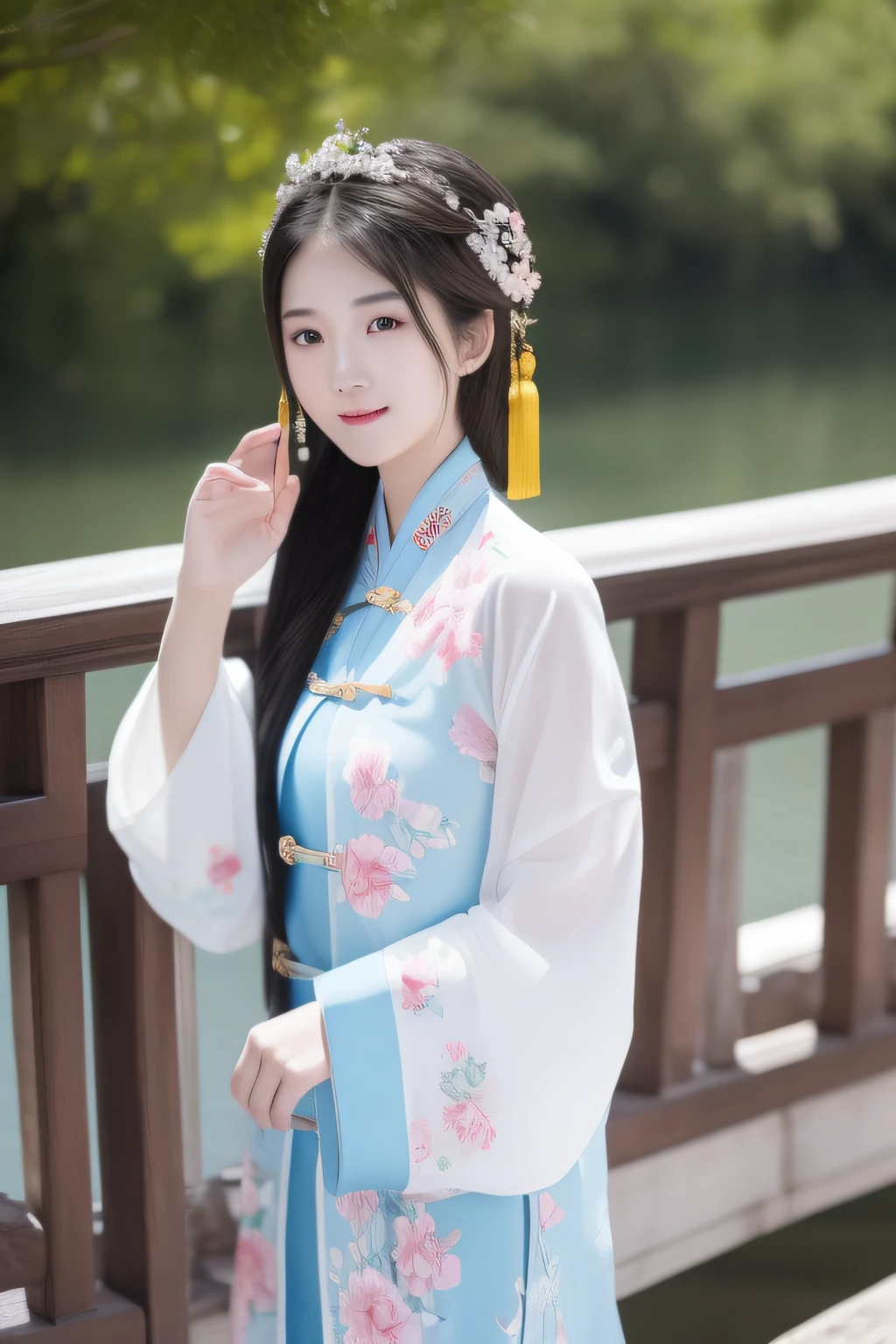 small bridge flowing water，On the bridge deck stood a woman dressed in Chinese clothing。。。。。。。，Delicate facial features，In exuberant spirits，hyper HD。