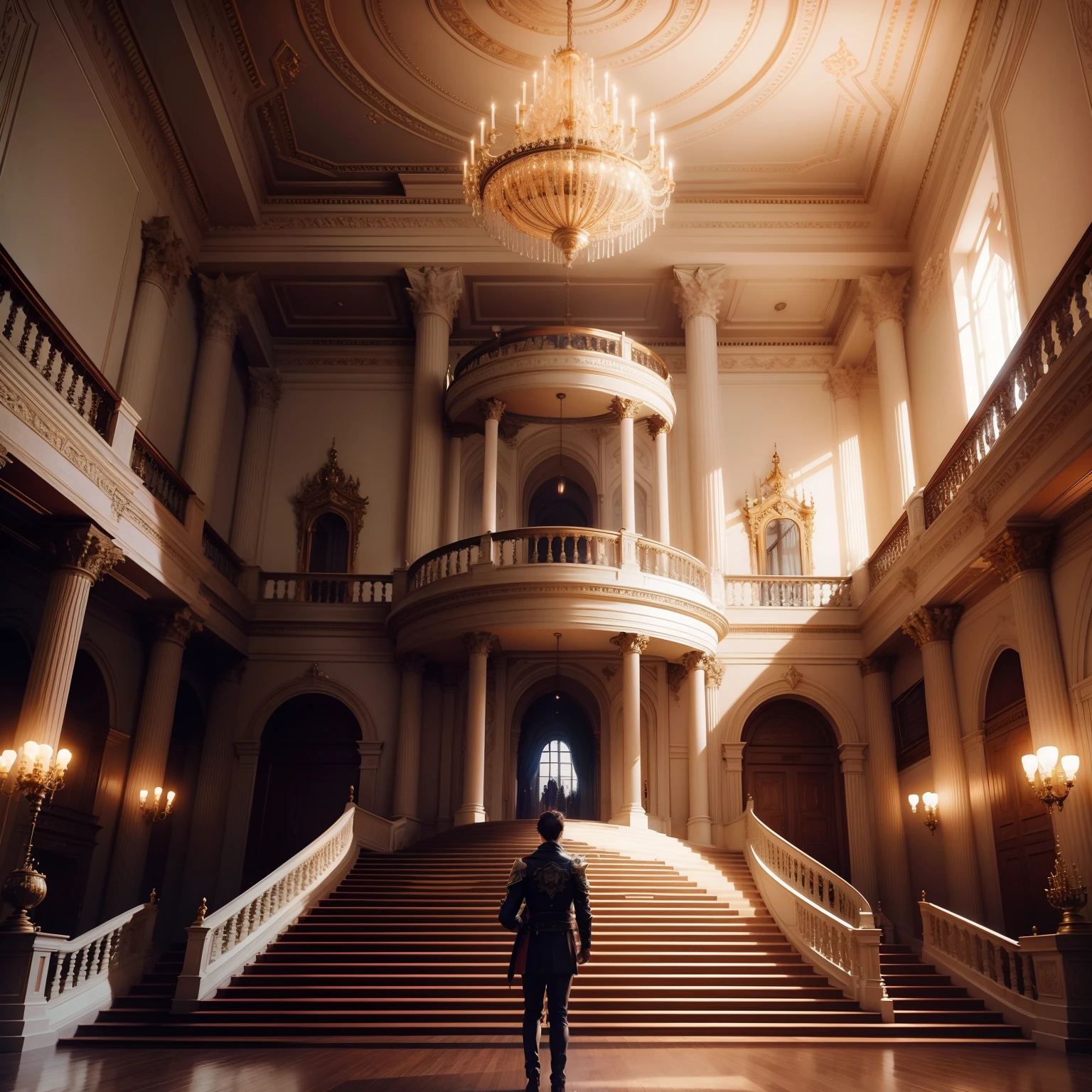 Inside a huge castle Super huge staircase palatial palace mirai in isekai top-quality masterpiece Beautiful world chandeliers cyberpunked Huge space