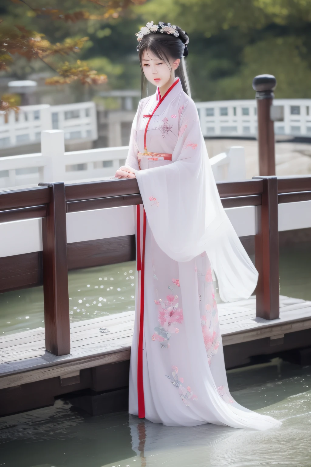 small bridge flowing water，On the bridge deck stood a woman dressed in Chinese clothing。。。。。。。，Delicate facial features，In exuberant spirits，hyper HD。