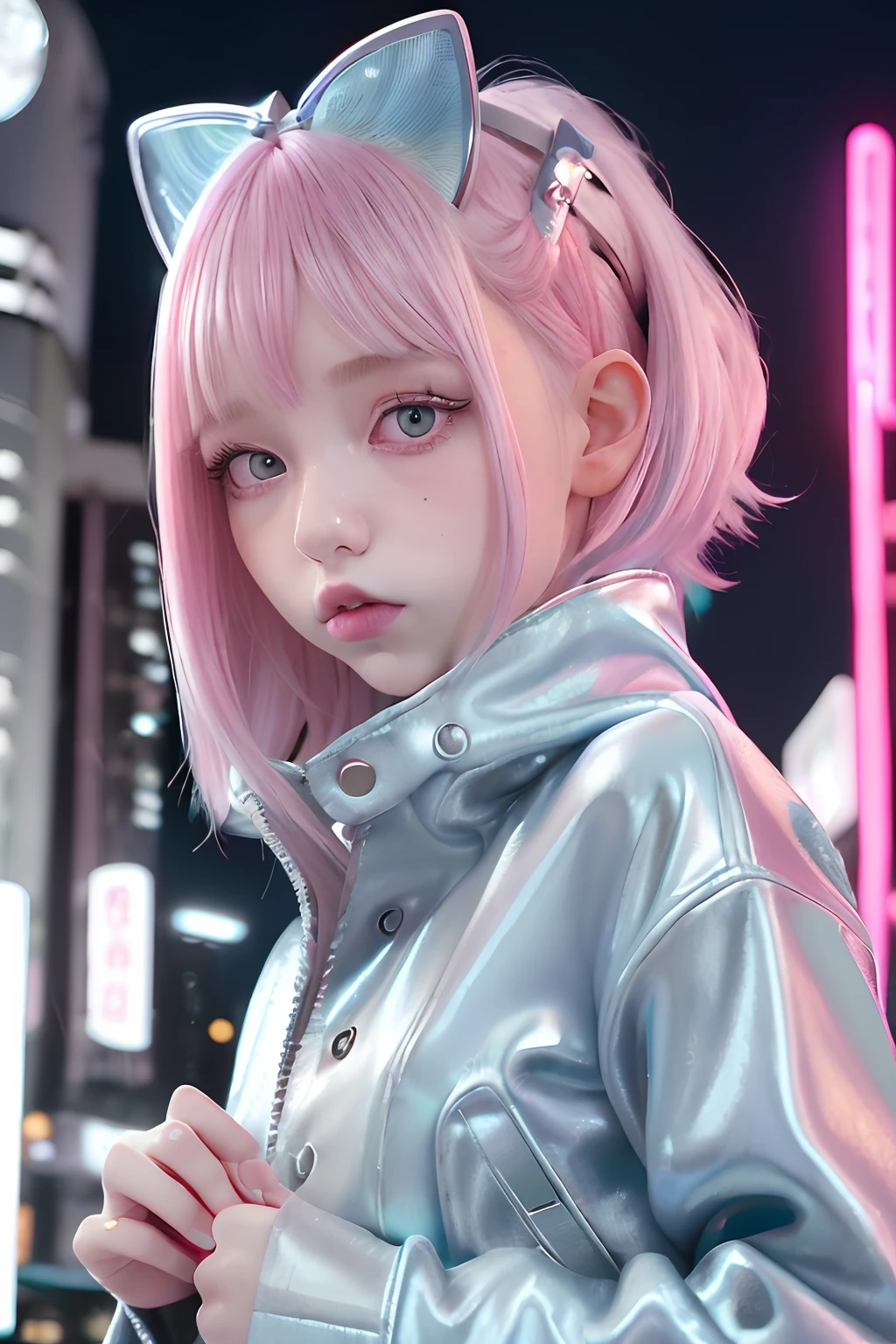 Light blue and silver and pink hair、Photorealsitic, hight resolution, Heterochromia eyes, small moles under eyes、bob cuts、Blunt bangs、Lucy\(cyberpunked\), 1girl in, hair scrunchie, hime-cut, silber hair, Color Chip, fullmoon, grey  eyes, jaket, long-sleeve, (Look at viewers), Medium Hair, O cabelo multicolorido, Bangs parting, cparted lips, A pink-haired, Red Eyeliner, red-lips, 独奏, White jacket, cyberpunked\(Series\), Rainy night in cyberpunk city with glowing neon lights,frombelow, yes、all-fours、Huza