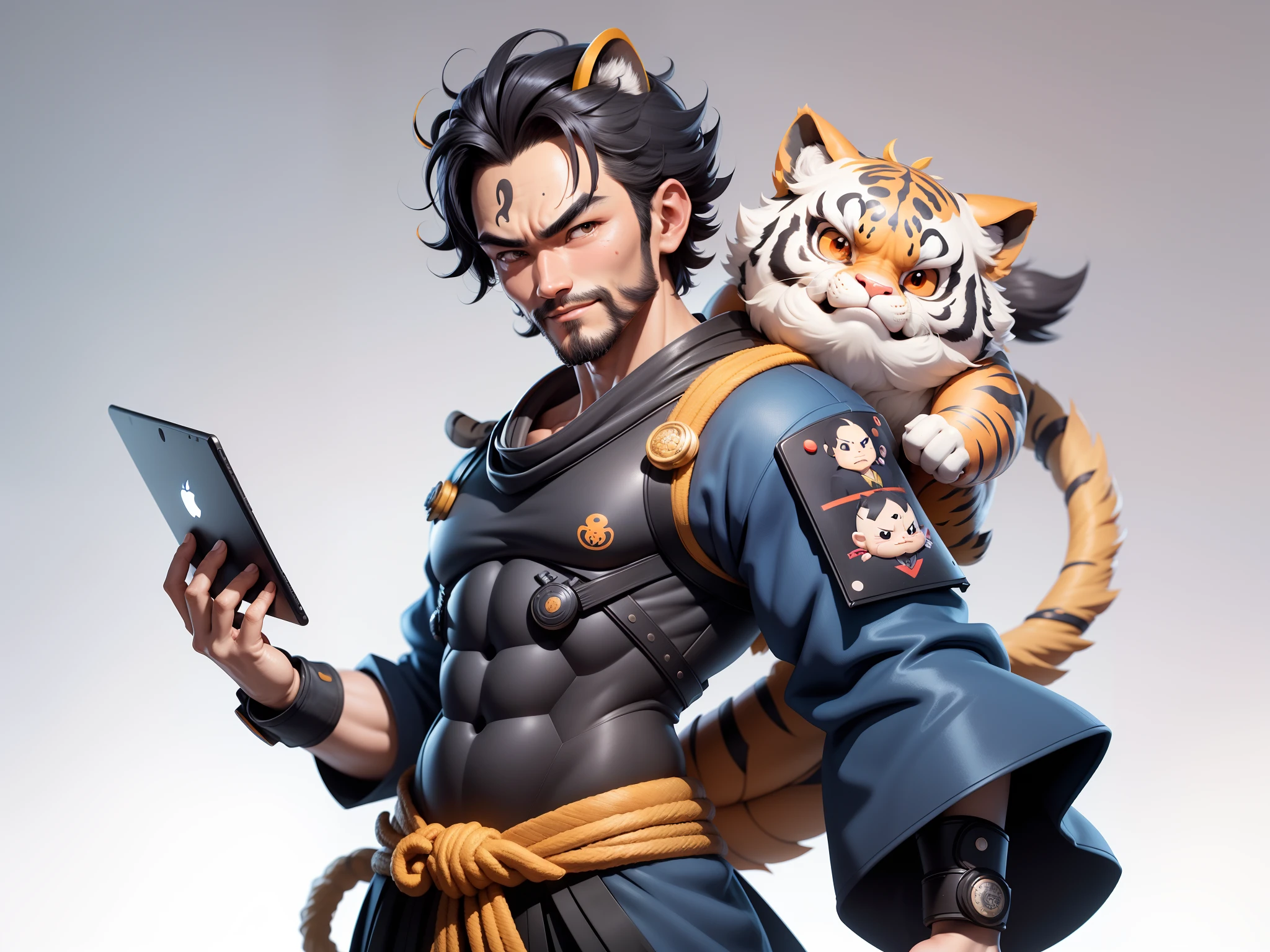 (Daisaku),(Need),(Super meticulous),(full bodyesbian:1.2),Super young man with Japanese geisha,Beautiful,orient,one tiger,Aeolian Thor,Raised sexy,爆乳,Oriental face,TV Anchor,Bust portrait illustration,In black suit,a blue tie,The face is slightly chubby,The face was clean,without a beard,Black super short hair,Black eyes,Smile confidently,3C computer sub-products,iPad, iphone,Digital painting,3D character design by Mark Clairen and Pixar and Hayao Miyazaki and Akira Toriyama,The illustration is a high-definition illustration in 4K resolution,With very detailed facial features and cartoon-style visuals。
