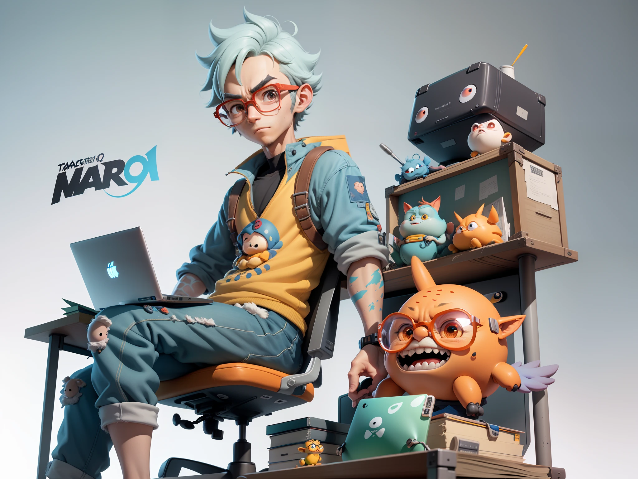 A young man with glasses sits at his desk,holding laptop,digitial painting,3D character design by Mark Clairen and Pixar and Hayao Miyazaki and Akira Toriyama,4K HD illustration,Very detailed facial features and cartoon-style visuals。