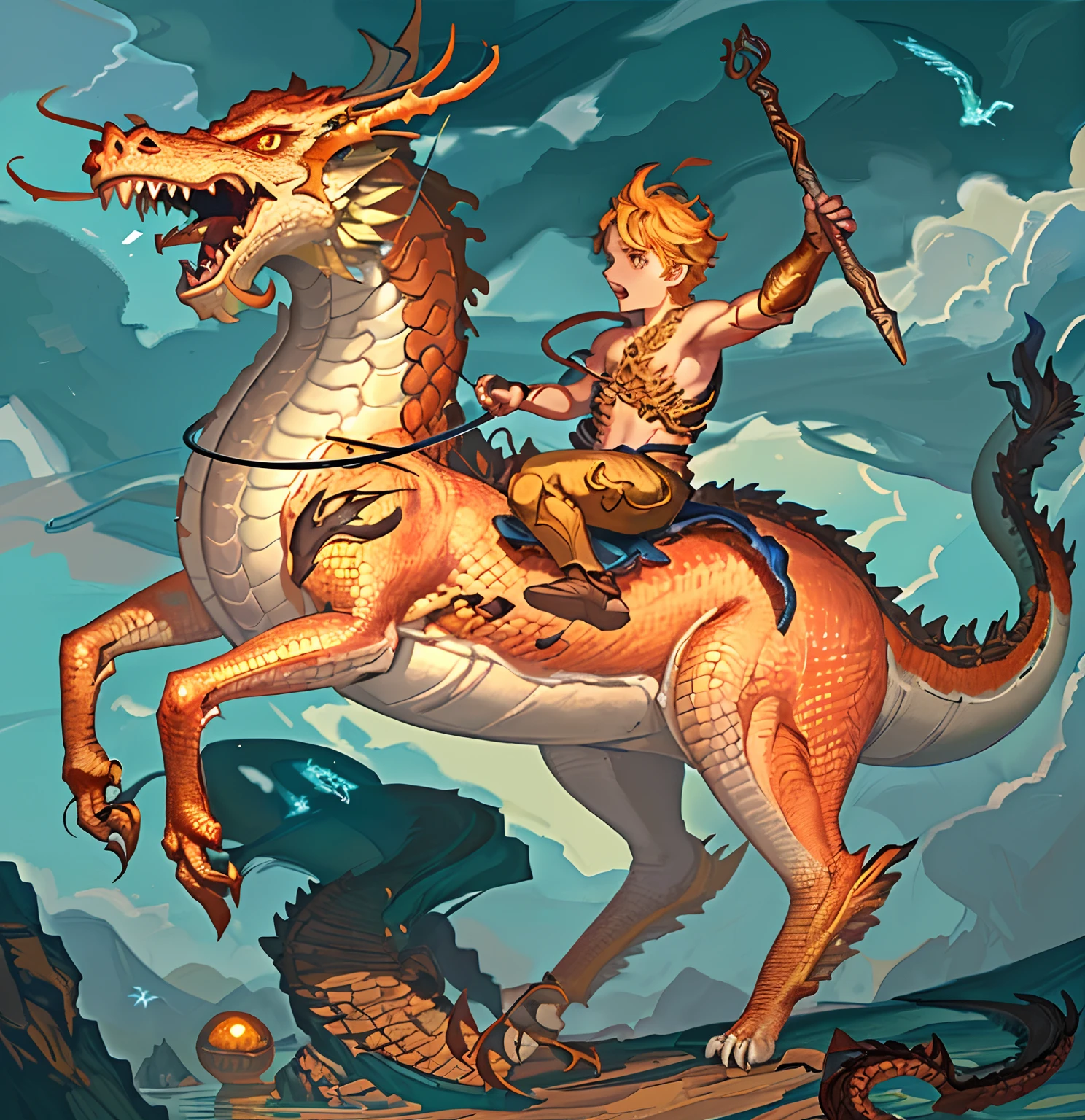 Drawing of a boy riding a dragon with a spear in her hand, In the evening water, The sun is orange..., Dragon Rider, Dragon Ride, android jones and rhads, Jesus rides a dragon, Fat vs Dragon. passenger, Epic full color illustration, Children's art in art, epic fantasy digital art style, by Adam Marczyński, digital painting greek mythology, Dragon Riding Boy