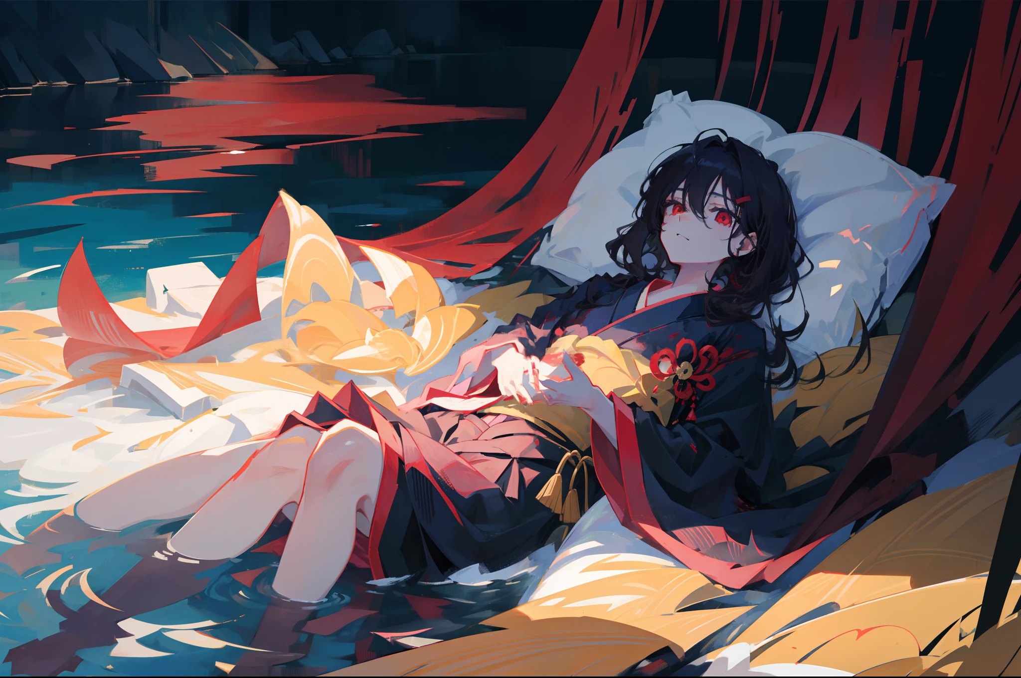 1 Anime shoujo,nigth,pools of water,solo person,orthofacial,lying down,blood stain,Elongated eyes,Half open your eyes,black kimono,brunette color hair,Black long straight,Seasonal hairstyles,Qi bangs,Princess cut,red - eyed