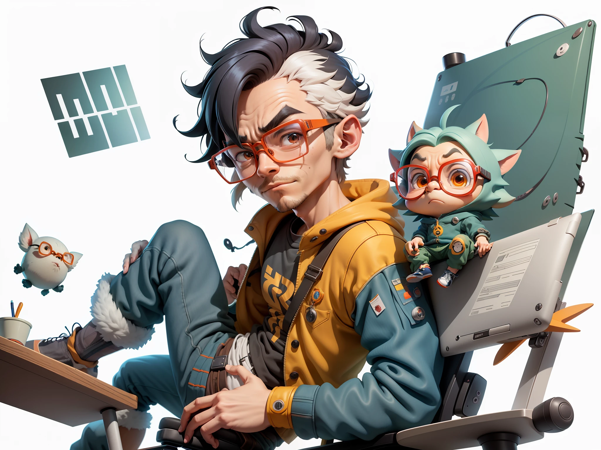 A young man with glasses sits at his desk,holding laptop,digitial painting,3D character design by Mark Clairen and Pixar and Hayao Miyazaki and Akira Toriyama,4K HD illustration,Very detailed facial features and cartoon-style visuals。