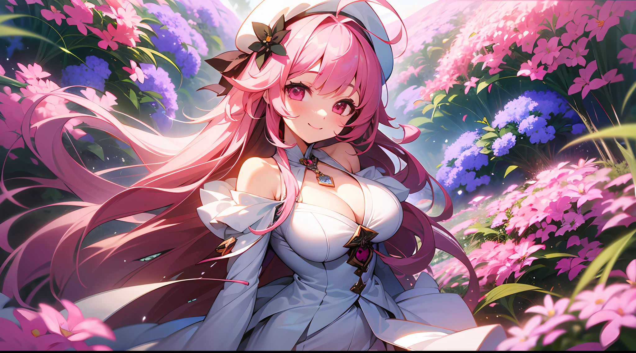 1 girl, game CG, white clothes, cleavage visible, shoulder visible, white short skirt, small white beret, jewel pendant, gigantic breasts, pink hair, long hair, straight hair, princess hairstyle, ahoge, pink eyes, smiles, plateaus, flower fields,
