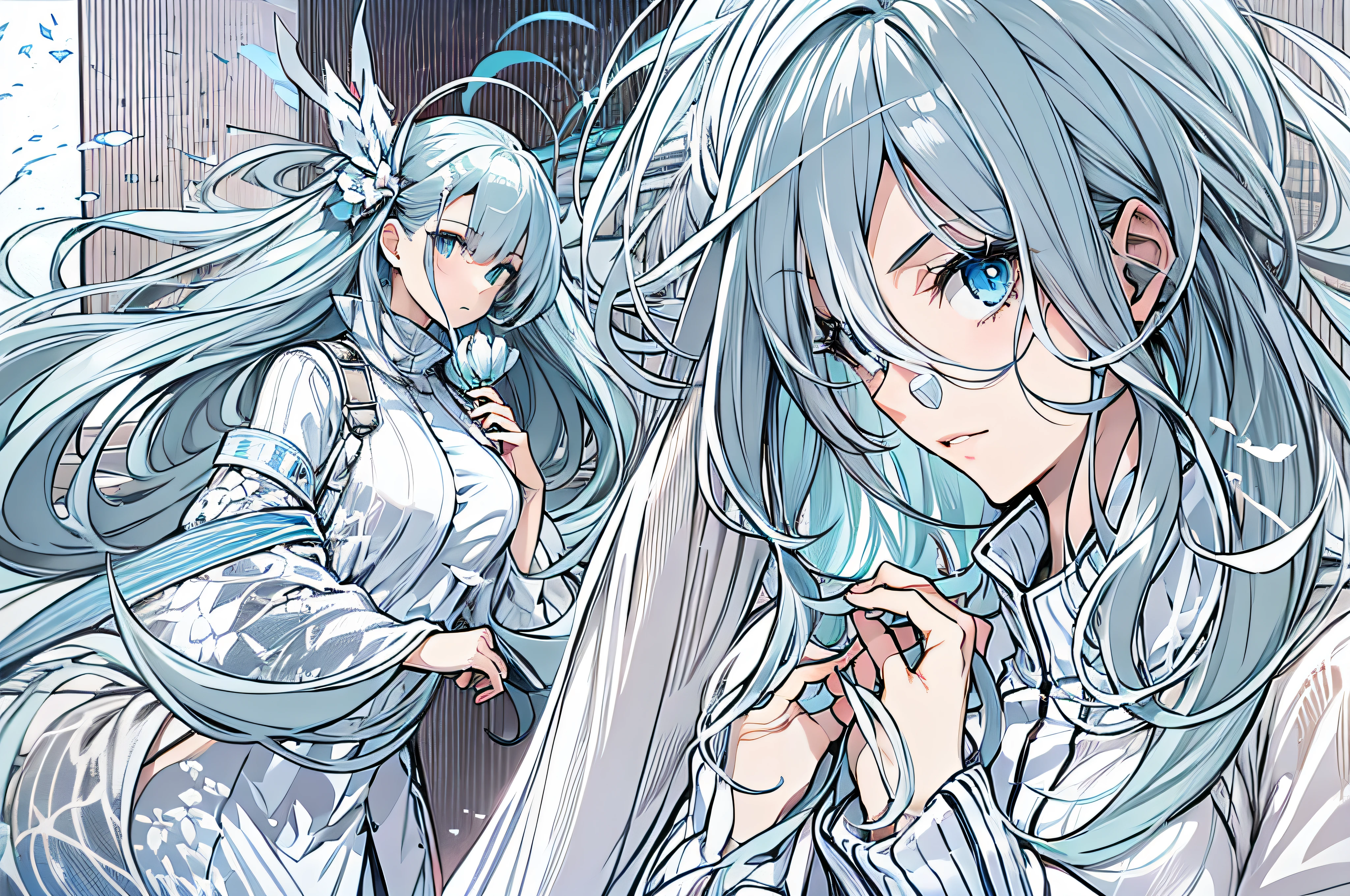 Blue silver-white long hair,Clothes that match white with blue