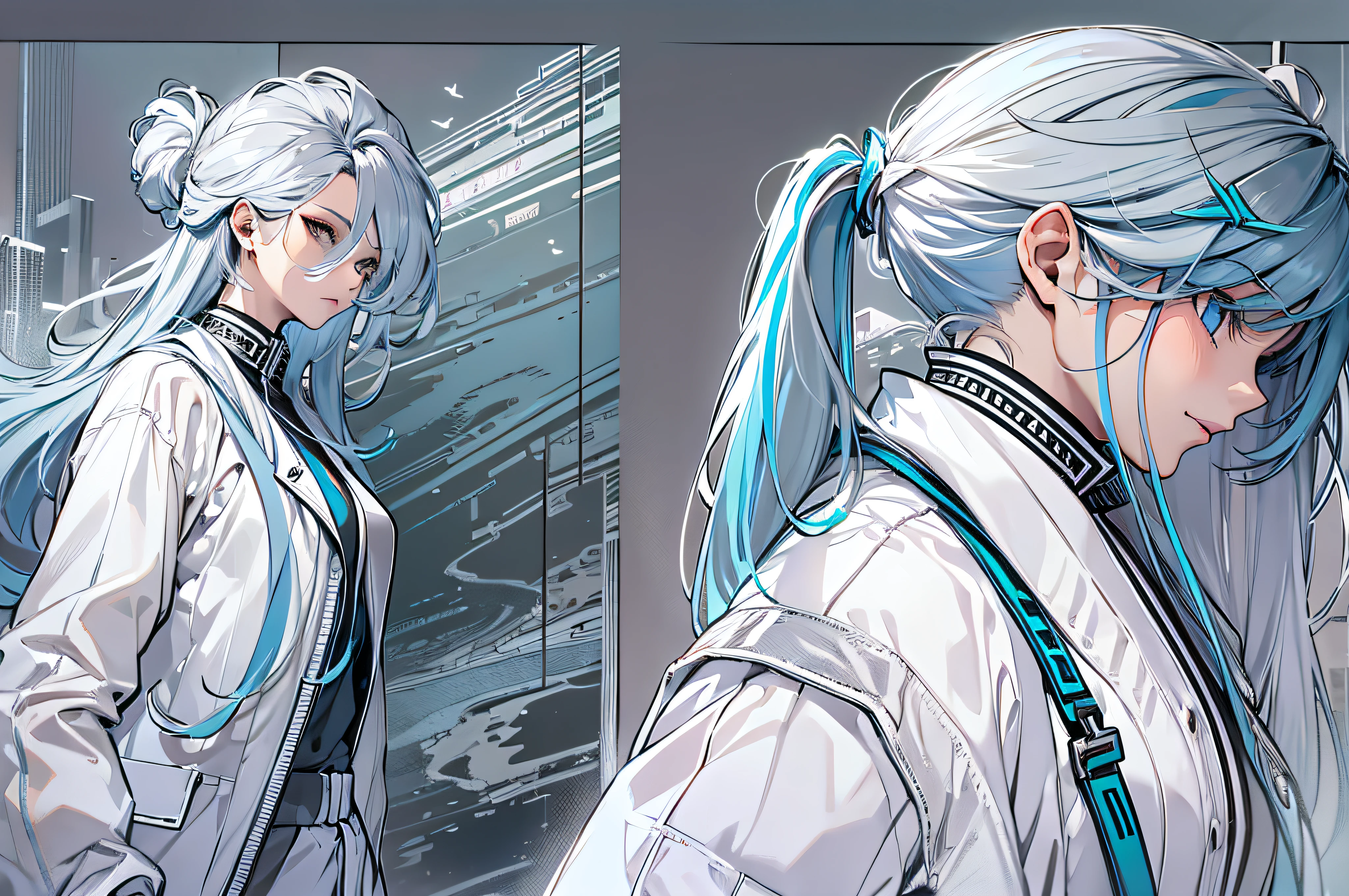 Blue silver-white long hair,Clothes that match white with blue