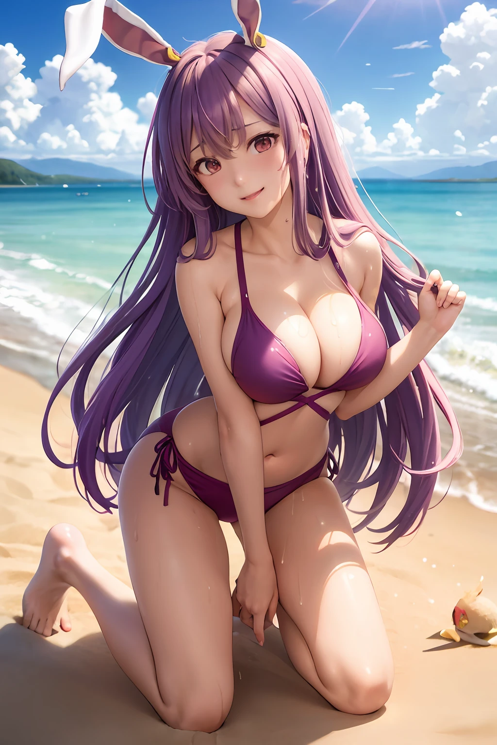 masterpiece, top-quality, 1girl in,Reisen Udon Giyin Inaba, Purple hair,Very long hair, rabbitears, red eyes, Sea and sandy beach background、Pink swimsuit、red blush、Colossal tits、teats、A slender、A sexy、Happy face、full body seen、Wet、shinny eyes、Trying to hug