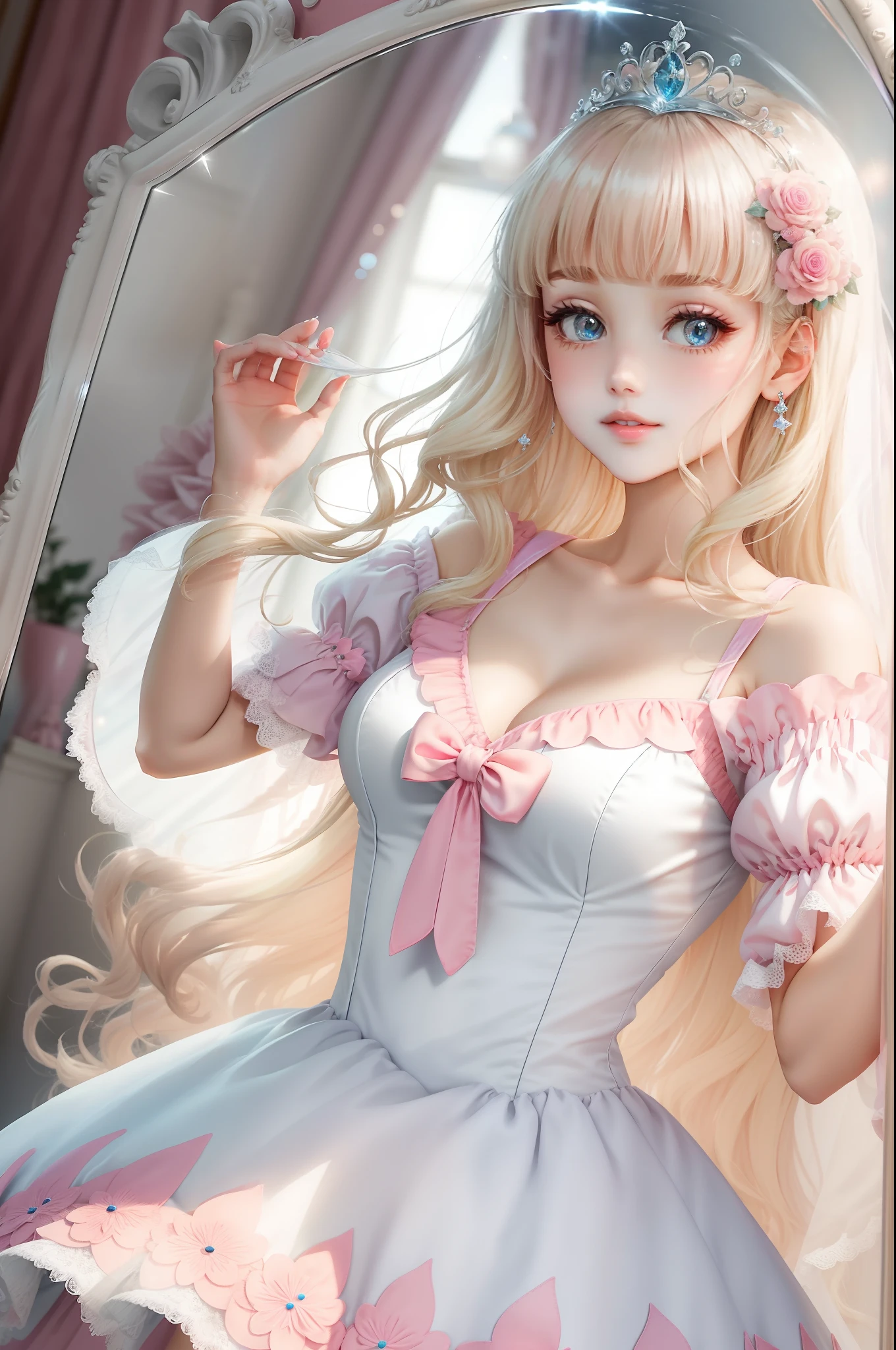 Princess　A Princess　Soft　Best quality in good style(Highest Quality) , High quality(hiquality)　Pink and fluffy dress blonde and soft hair　corolla　The whole body is reflected A wonderful atmosphere with very delicate tones