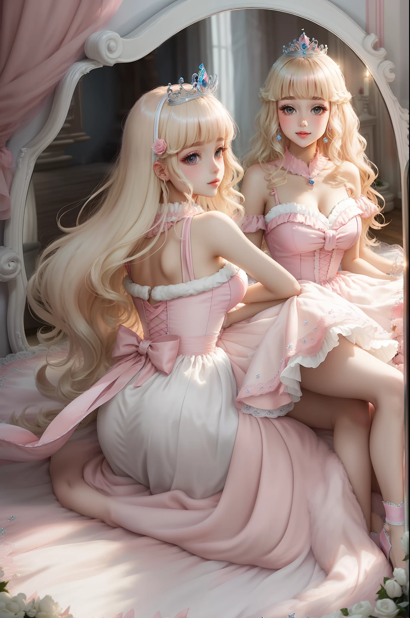 Princess A Princess Soft Best quality in good style(Highest Quality) , High quality(hiquality) Pink and fluffy dress blonde and soft hair corolla The whole body is reflected A wonderful atmosphere with very delicate tones