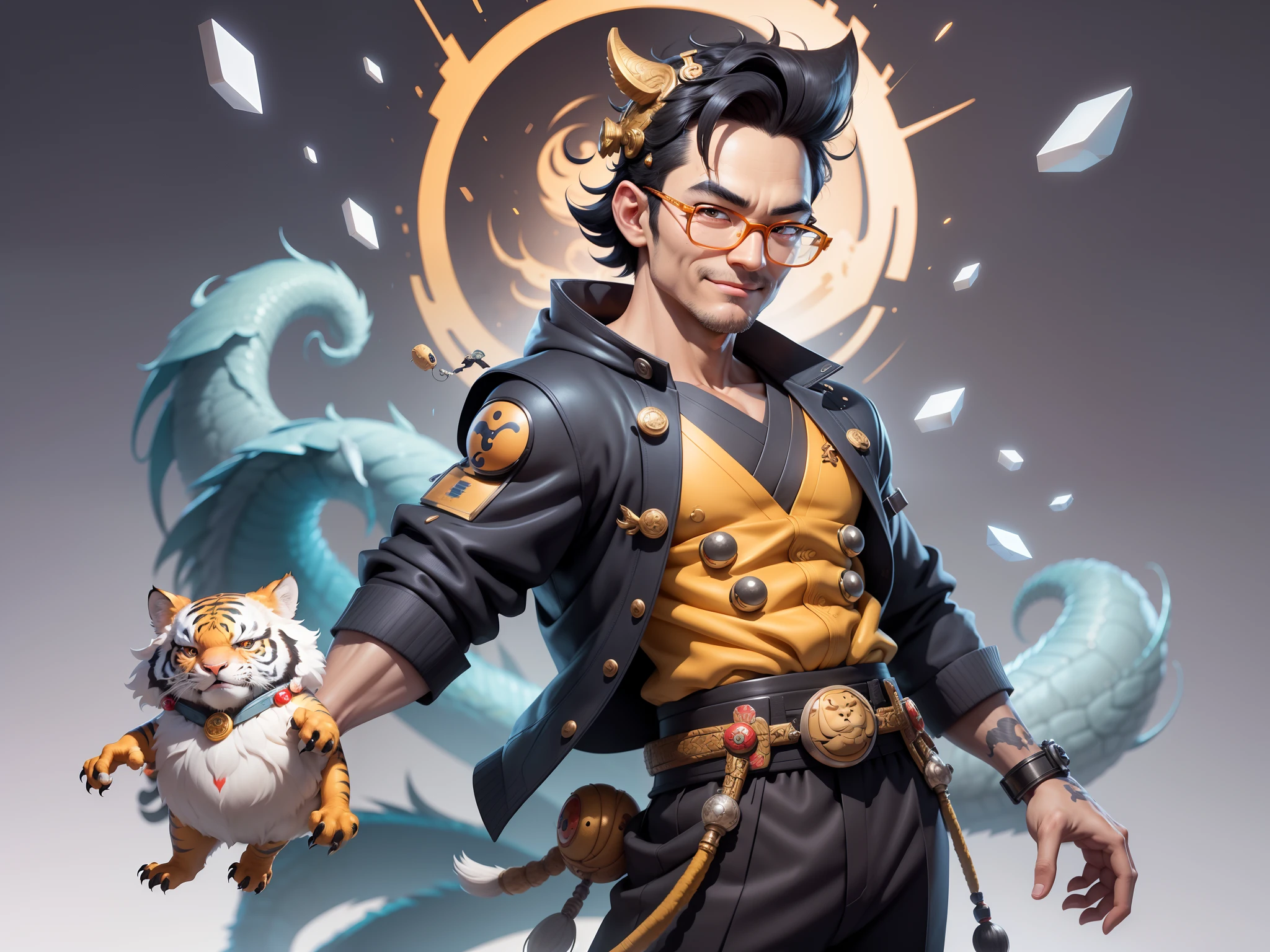 (Masterpiece), (Excellent), (Super Meticulous), (Full Body: 1.2), Super Young Man with Japanese Female Geisha, Pretty, Beautiful, Chinese Dragon, Tiger, Wind God Thor, Sexy, Bursting, Oriental Face, TV Anchor, Bust Portrait Illustration, Black Suit, Blue Tie, Slightly Chubby Face, Silver Glasses, Very Clean Face, No Beard on Chin, Black Super Short Hair, Black Eyes, Confident Smile, 3c Computer Sub-Products, iPad, iPhone, Digital Painting, 3D character design by Mark Clairedon and Pixar and Hayao Miyazaki and Akira Toriyama, the illustrations are HD illustrations in 4K resolution with highly detailed facial features and cartoon-style visuals.