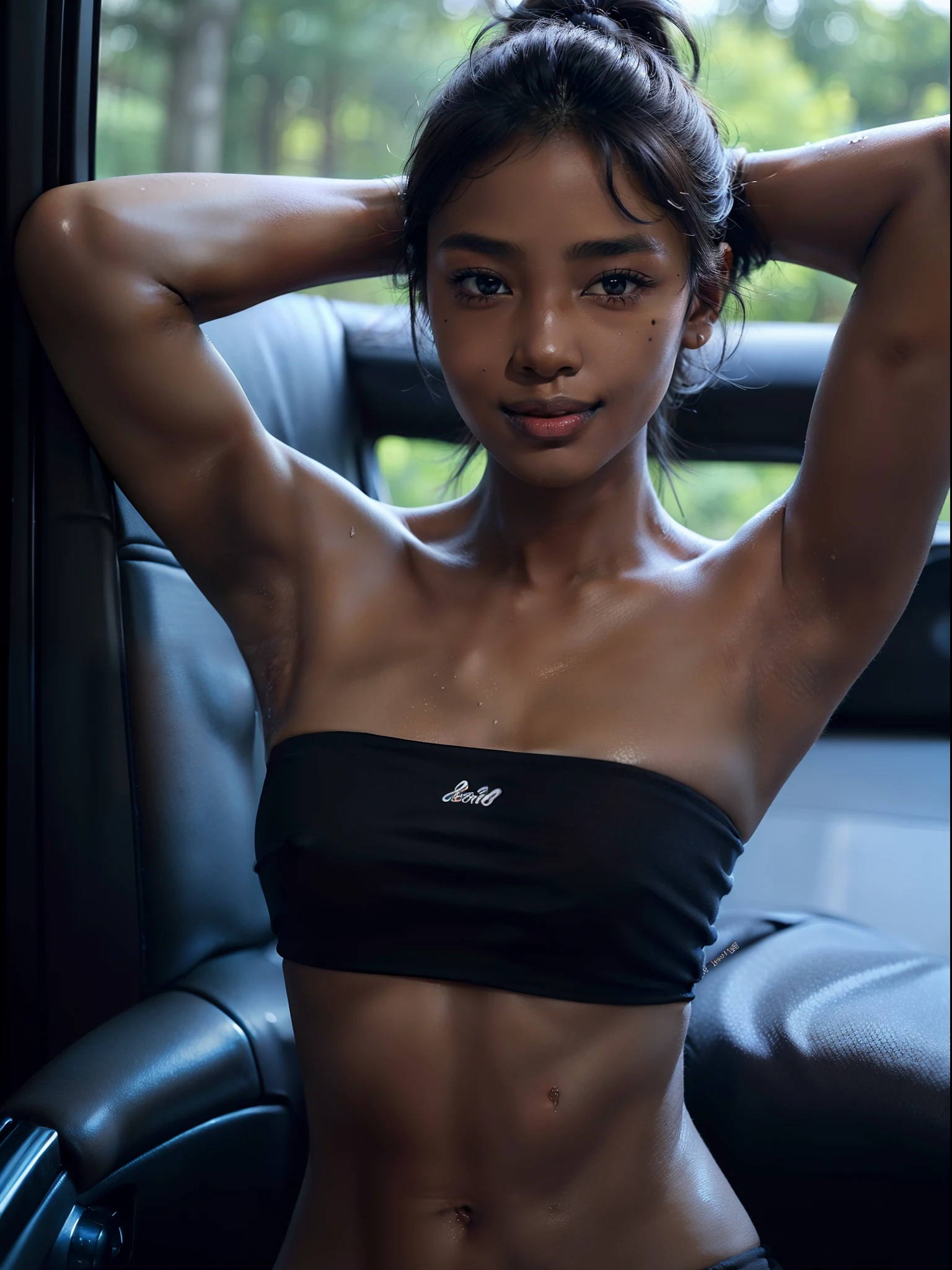 ((She has the blackest black skin、The blackest black skin、Armpit、Black wrinkled armpits、I'm in the car、inside of a car、shiny blackest skin!、 Beautiful and detailed black skin、Upper body only、red lipsticks、Armpits are the blackest、Light illuminating the armpits、Pitch black skin like a black man!、The sun hits her、Illuminates her very brightly、Pitch black armpit skin!、Model at 、Realistic armpit wrinkles、Glossy armpits、improve the appearance of armpits、Armpit、Take a pose with armpits visible、upper body closeup、A smile、Detailed black shiny armpits、Realistic black shiny armpits、Sweaty and glowing body、Detailed armpit wrinkles、full of sweat、Black detailed black armpits、Very black skin color、Caucasian and half-very dark-skinned woman、Black skin beauty、Black skin、Glossy armpits、Stand in the woods and show your armpits、Dark-skinned woman in black strapless bra, Smiling))、(high-ponytail Hairstyle、Caucasian and very black dark-skinned woman、8K、Caucasians with very dark skin)、Underwear models,Strapless bra、Black panties、, 15yo studentthe darkest skin))、Photorealistic perfect body、In the car in armpit pose、Best Quality, Armpits, Arms up, Strapless Bras、 in car、short-haired、Realistic, 8K、Glossy armpits、glowy skin、((glowy skin、Tecateca skin、Black skin、Black skin、detailed armpit、Skin shiny with sweat、Glossy armpits、In the car、inside of a car)) 1 girl in