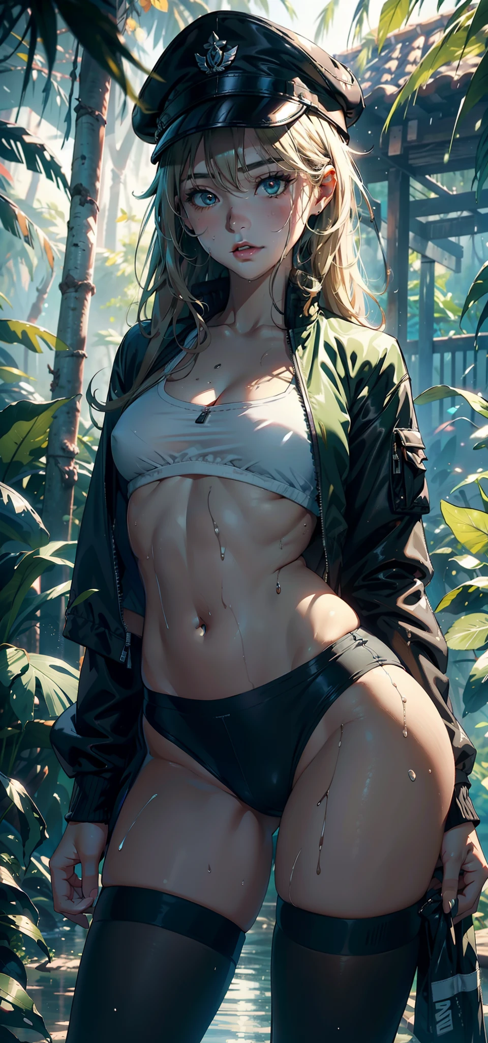 1female，11yo，teens girl，smallunderboob，Pornographic exposure， 独奏，（Background with：the rainforest，in summer，Ground area water，exteriors） Casual blonde hairstyle，Stride，Sweat profusely，drenched all over the body，seen from the front ， mostly cloudy sky，（（（tmasterpiece），（Very detailed CG unity 8K wallpaper），best qualtiy，cinmatic lighting，detailed back ground，beatiful detailed eyes，Bright pupils，（Very fine and beautiful），（Beautiful and detailed eye description），ultra - detailed，tmasterpiece，）），face to the viewer，frontage，A high resolution，ultra - detailed）nakeness，Wipe off panties，revealing breasts，Bare genitalia， Bulge，Camel toes，Raised sexy，Lewd expression，Flushed complexion，Open-mouthed，frontage，military hat，（Wearing：green colored bomber jacket，Black pantyhose）athletic sneakers