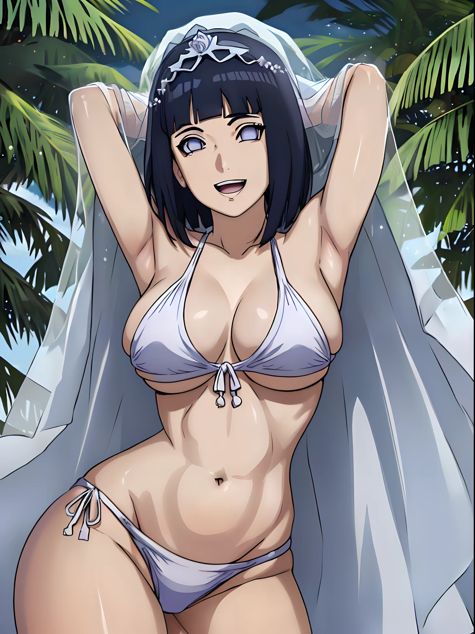 (WALLPAPER, masterpiece, 1k, anime style:1.9, lean forward, dirty armpits, pale skin, ( detailed beach background, (showing off boobs, lean forward), big breasts, big boobs, open mouth, high color saturation, bold lines, bold drawing lines, (strong arms, flat belly, groin), detailed bold arm lines), (strong arms, thick arms), strong light on body, plain, bare body, (large breasts, perky boobs), minimum clothing, taking off shirt, bare shoulders, off-shoulders, bare chest, (very tight mesh white bikini, wedding veil, white flower wedding tiara, very long white gloves), no shirt, showing off), hinata\(boruto\), mature female, sunbathing, milf, (curvy:0.8), solo, (short hair, hime cut), (dark blue hair color:1.1), white, flat belly, perfect eyes, white sciera, white eyes, anime eyes, smoky eyeliner, eyeshadow, perfect face, shy, sharp focus, professional artwork, intricate details, colorful, vibrant colors, vivid colors, digital blending, ultra detailed body, ultra detail hair, ultra detail face, trending on pixiv, kind smile, shy, very hot colors, sunny day, outdoor,