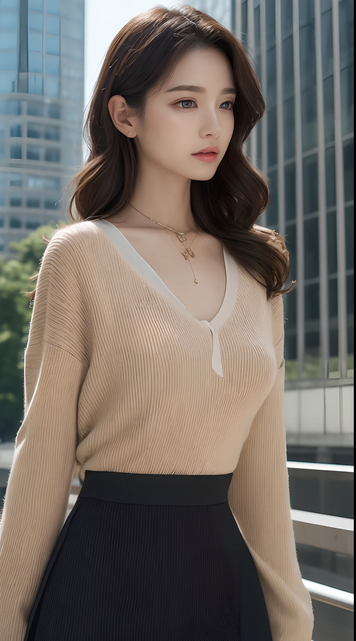 (best qualtiy,A high resolution,tmasterpiece:1.3),A tall and beautiful woman,Slender abs,Dark brown hair in loose wavy styling,nedium breasts,Wear a pendant,Deep VT shirt,obi strip,a black skirt,(Modern architecture in background),Beautifully rendered details in face and skin textures,Detailed eyes,二重まぶた