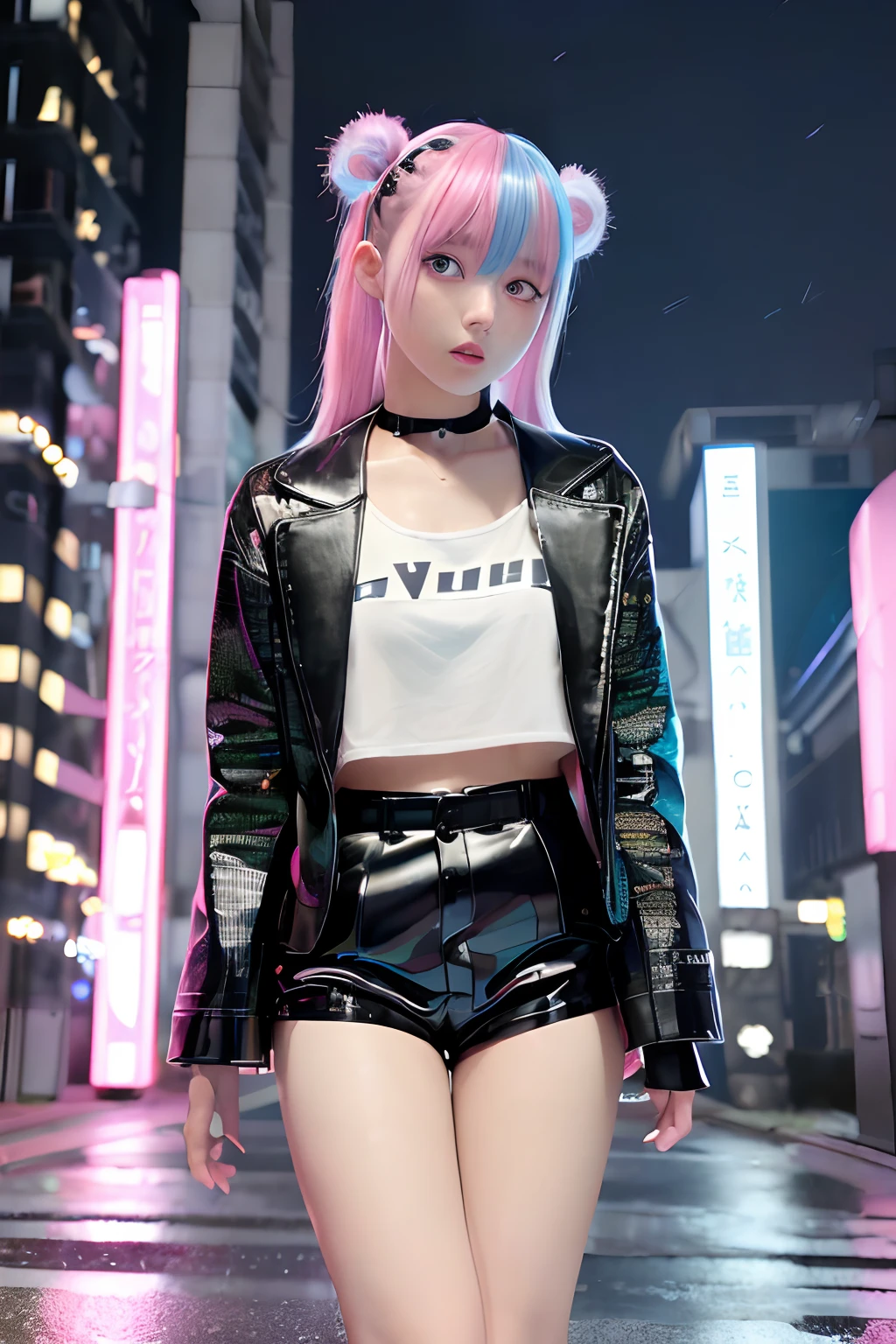 Black and light blue and silver and pink hair、Photorealsitic, hight resolution, Heterochromia eyes, small moles under eyes、bob cuts、Blunt bangs、Lucy\(cyberpunked\), 1girl in, hair scrunchie, hime-cut, silber hair, Color Chip, fullmoon, grey  eyes, white  shirt, Black tie、Leather shorts long sleeves, (Look at viewers), Medium Hair, O cabelo multicolorido, Bangs parting, cparted lips, A pink-haired, Red Eyeliner, red-lips, 独奏, White jacket, cyberpunked\(Series\), Rainy night in cyberpunk city with glowing neon lights,frombelow, yes、all-fours、Huza