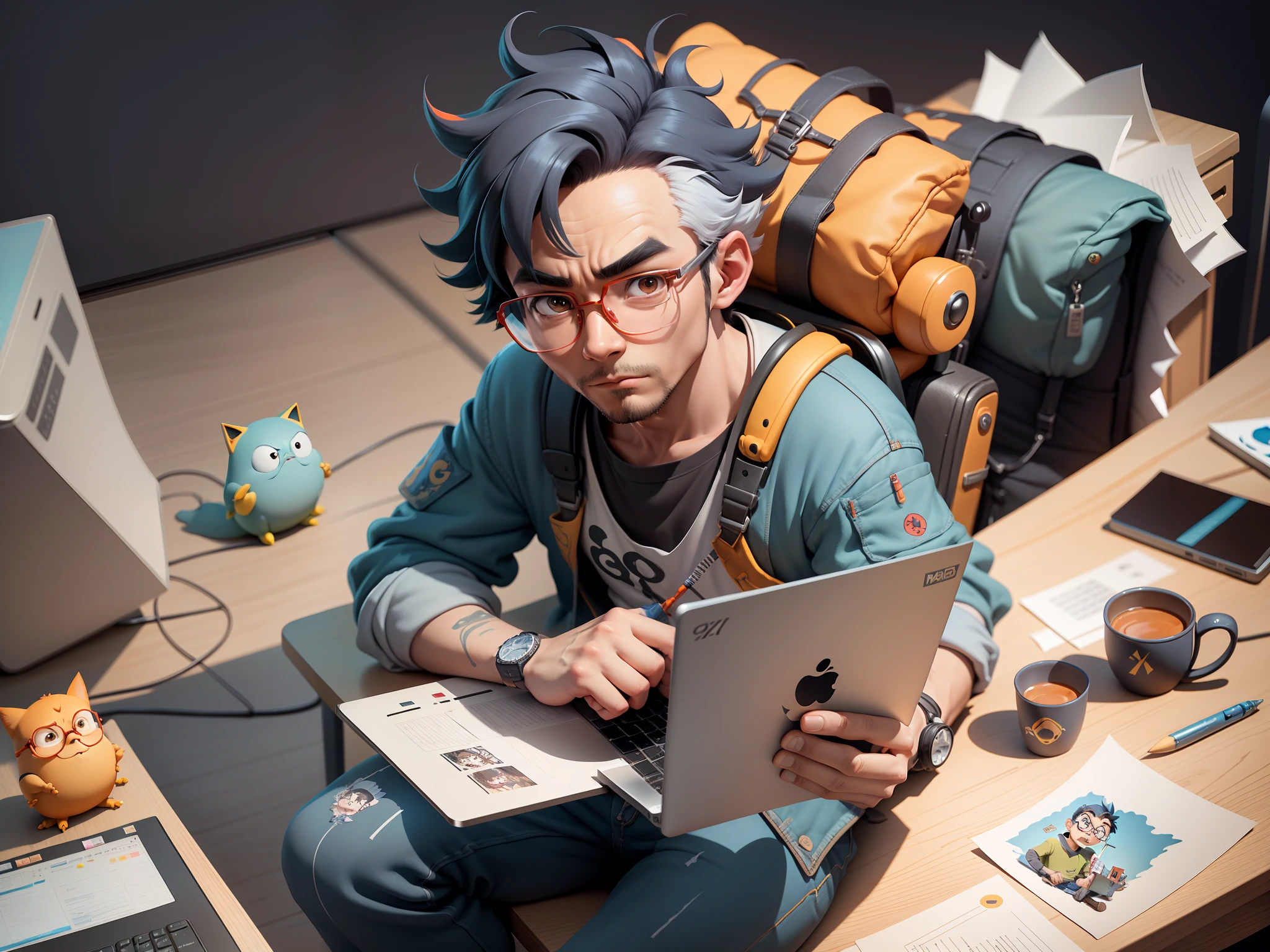 A young man with glasses sits at his desk,holding laptop,digitial painting,3D character design by Mark Clairen and Pixar and Hayao Miyazaki and Akira Toriyama,4K HD illustration,Very detailed facial features and cartoon-style visuals。