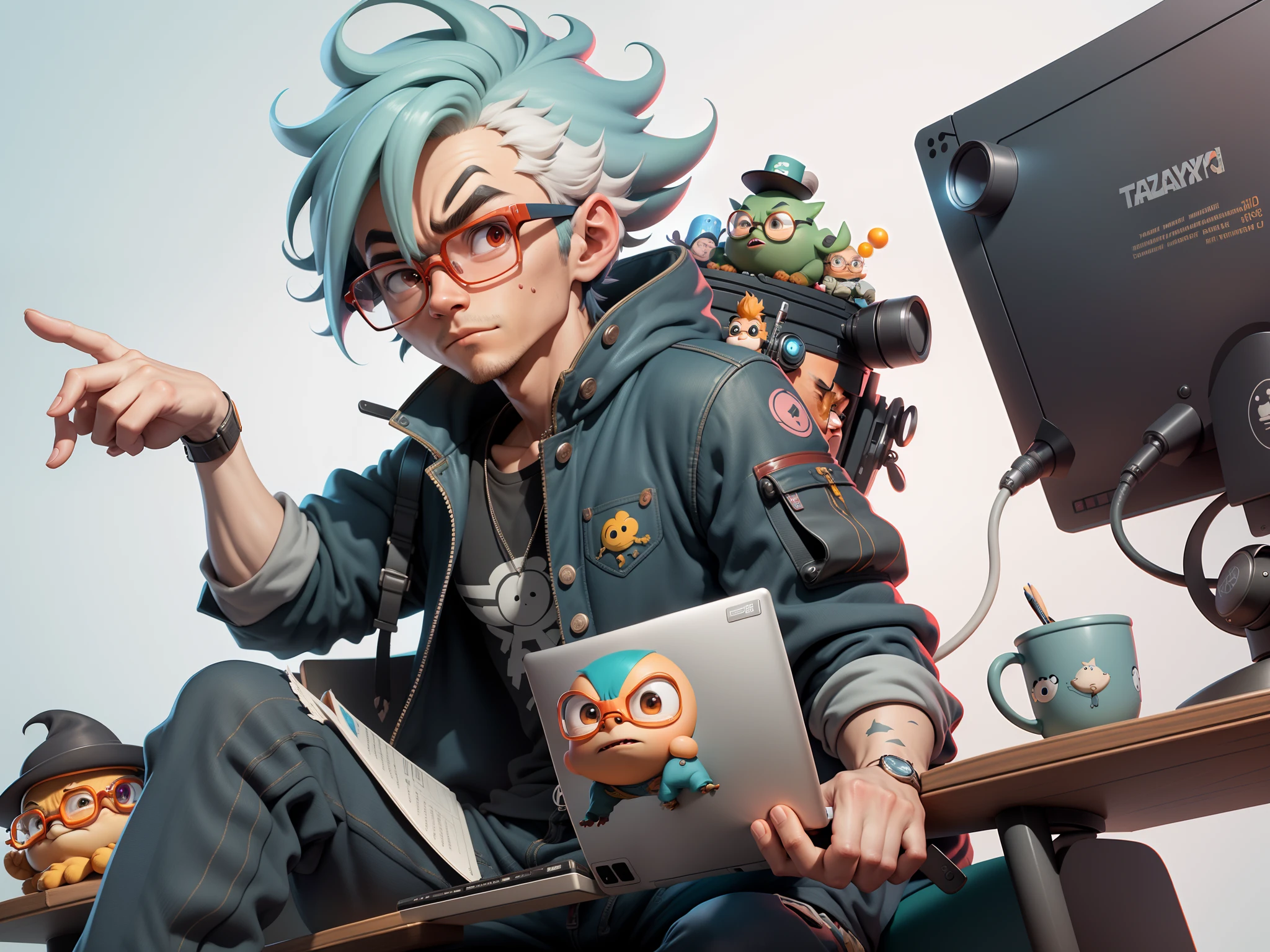 A young man with glasses sits at his desk,holding laptop,digitial painting,3D character design by Mark Clairen and Pixar and Hayao Miyazaki and Akira Toriyama,4K HD illustration,Very detailed facial features and cartoon-style visuals。