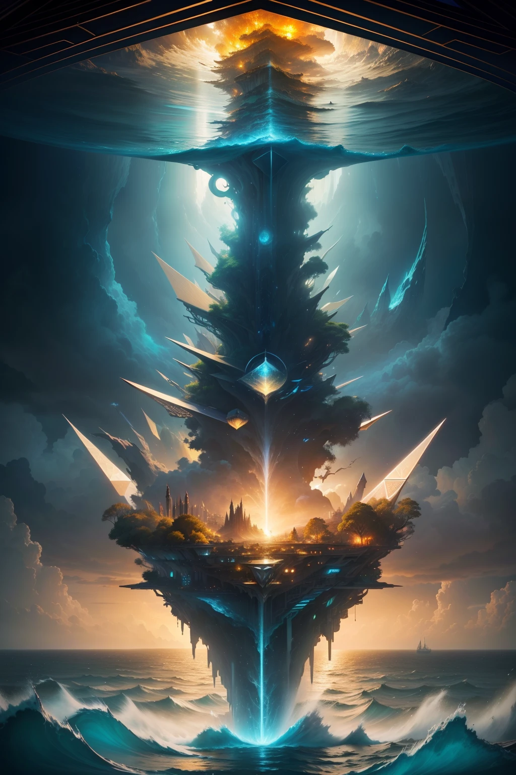 Imagine a beautiful flowing organic light contrasting world without deceit, greed or evil suspended among the clouds, with floating cities and celestial waterfalls. (highly epic detailed geometric futuristic:1.5), centered, middle of an Insanely colorful epic realistic, (centered with the frame:1.4), prismatic. grid, triangles, fractal, elemental fusion, (gold:0.9), (chromium:0.9) view of turbulent swells of a violent ocean storm, inside a glass bottle on the beach ม dramatic thunderous sky at dusk at center a closeup of large tall pirate ship with sails, breaking light imagine a simple beautiful world filled with life and great beauty, flowing rivers, waterfalls, creeks, fluffy white clouds blue skies, soring birds and colorful animals of all kind, a garden, an oasis, a peaceful land, 24k resolution, photo-realistic image, hyperdetailed in the style of Life