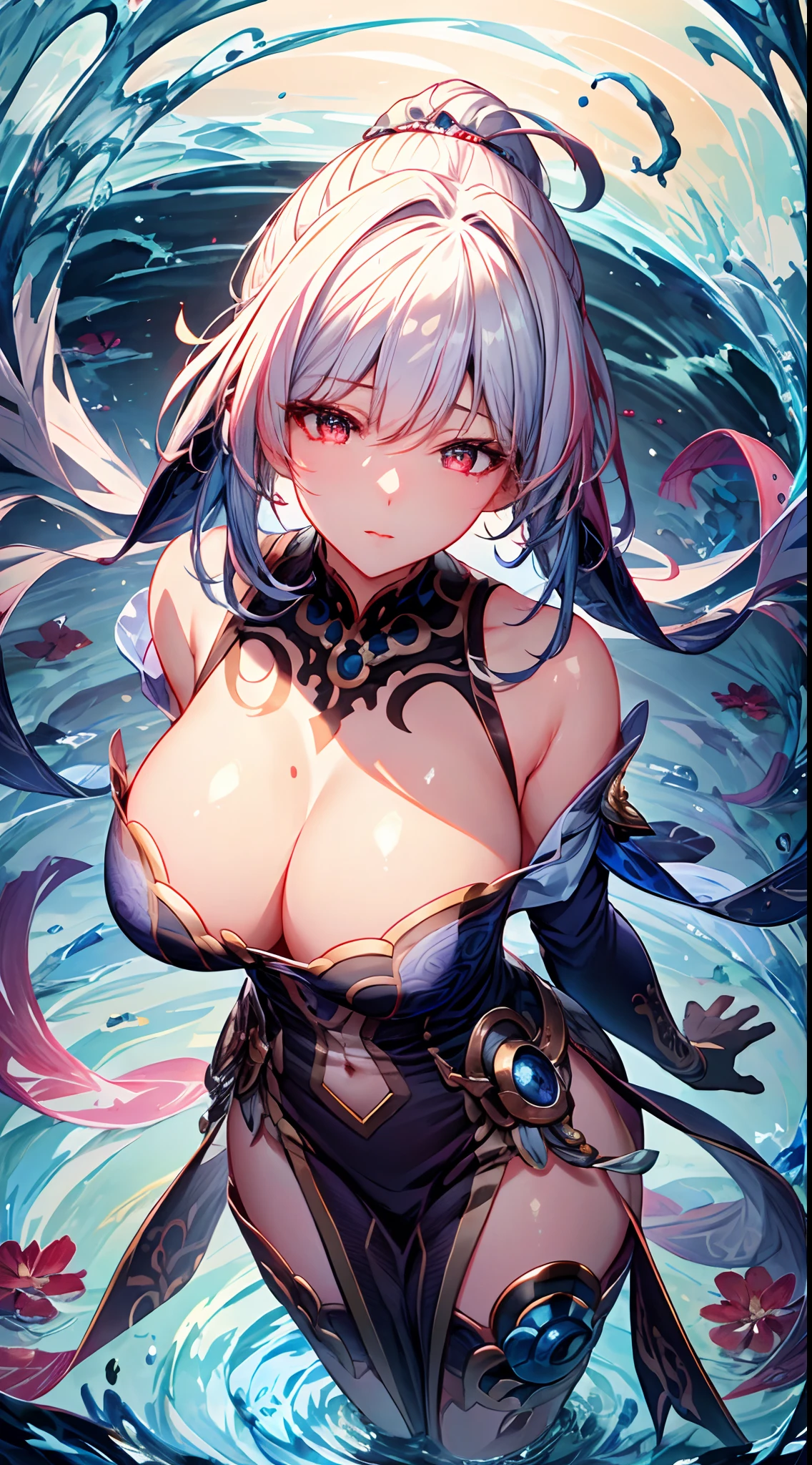 masterpiece, best quality, ultra-detailed, illustration,(1girl), jingliu, blue hair, red eyes, beautiful detailed eyes, looking at viewer, close up, (breast focus), (arms behind back:1.2), (from above:1.1), pink hair, huge breasts, (breasts out:1.3), (off shoulder:1.1), underwear,