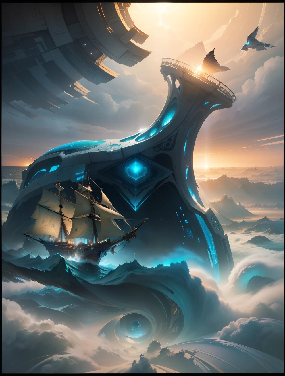 Imagine a beautiful flowing organic light contrasting world without deceit, greed or evil suspended among the clouds, with floating cities and celestial waterfalls. (highly epic detailed geometric futuristic:1.5), centered, middle of an Insanely colorful epic realistic, (centered with the frame:1.4), prismatic. grid, triangles, fractal, elemental fusion, (gold:0.9), (chromium:0.9) view of turbulent swells of a violent ocean storm, inside a glass bottle on the beach ม dramatic thunderous sky at dusk at center a closeup of large tall pirate ship with sails, breaking light imagine a simple beautiful world filled with life and great beauty, flowing rivers, waterfalls, creeks, fluffy white clouds blue skies, soring birds and colorful animals of all kind, a garden, an oasis, a peaceful land, 24k resolution, photo-realistic image, hyperdetailed in the style of Life
