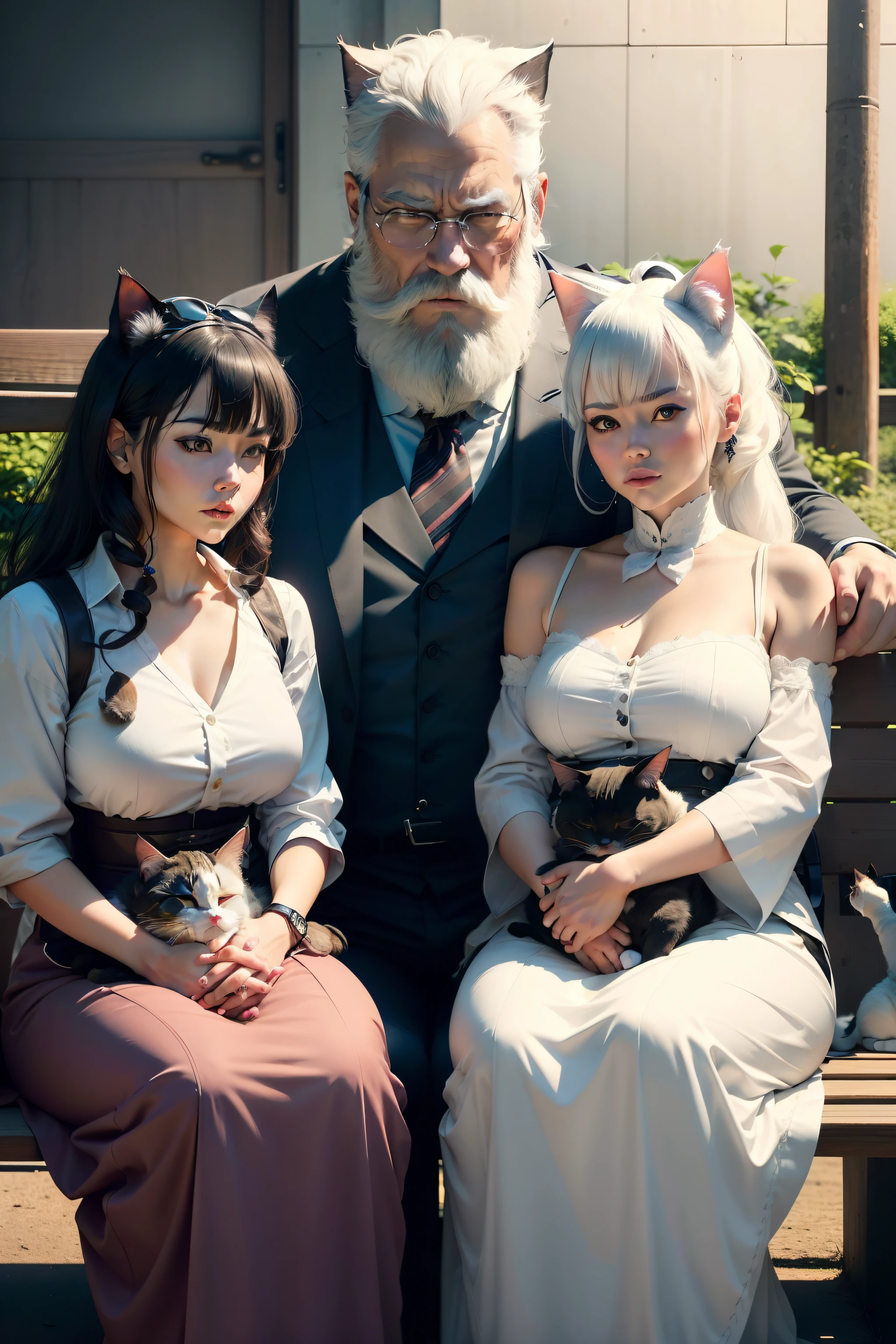 A man with a white beard is sitting on a bench and around two women and cats, cats, Kemonomimi, Pets, a Japanese action movie, someone, A promotional image of a movie, A crazy catwoman, cats, with cats on her side, A new cat movie, Kiyohara Tama, lv, a cat, [ Realistic photo ]!!, God of cats