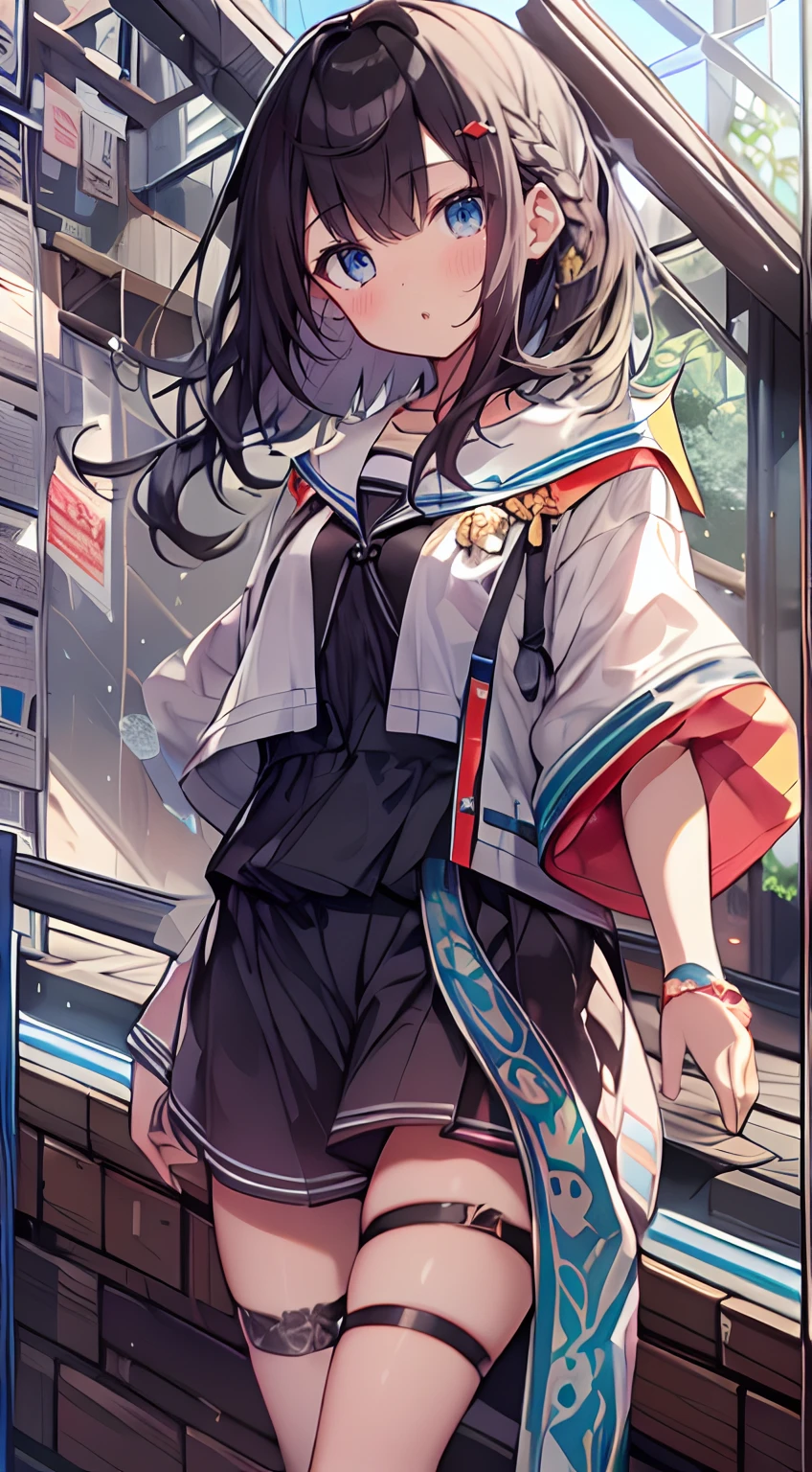 masutepiece, Best Quality,Illustration, Wallpaper, Ultra Detail, 1girl in,Solo,Beautiful detailed eyes,Very thick contour lines、Medium Short-Cut Hair、Short, Braided hair、(student clothes)、Dark hair color、:o、Kamimei、Angle from which you can see the whole body、Overlooking angle:1.2、small head、a small face