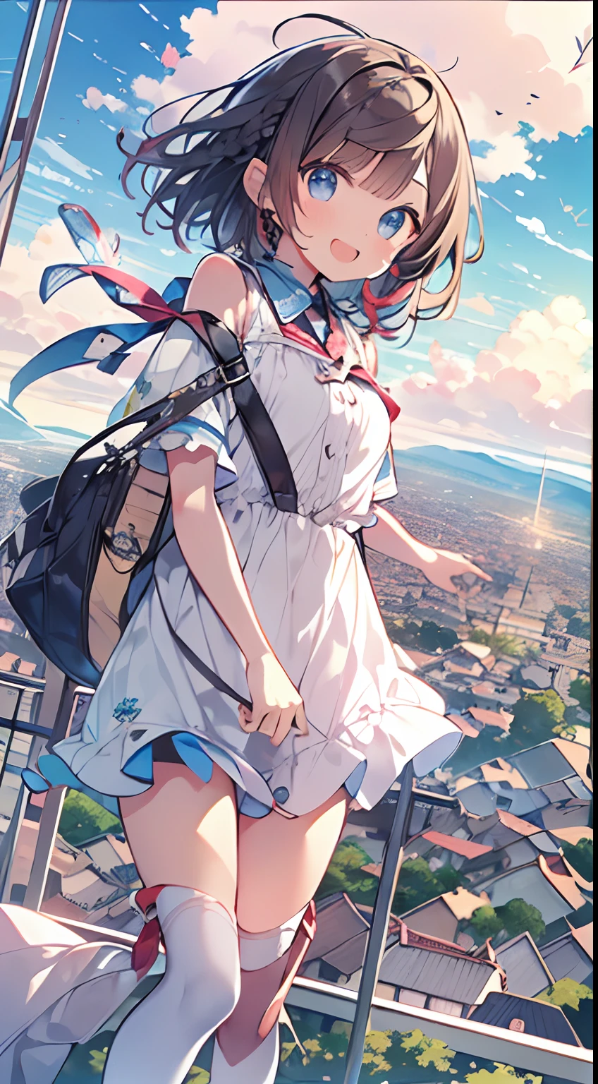 masutepiece, Best Quality,Illustration, Wallpaper, Ultra Detail, absurderes, 1loli、 Solo, (Medium short hair、short braided hair), Beautiful ultra-detailed eyes , Hair fluttering in the wind、XD、Smaller head、Beautiful sky、(a panoramic view:1.5)