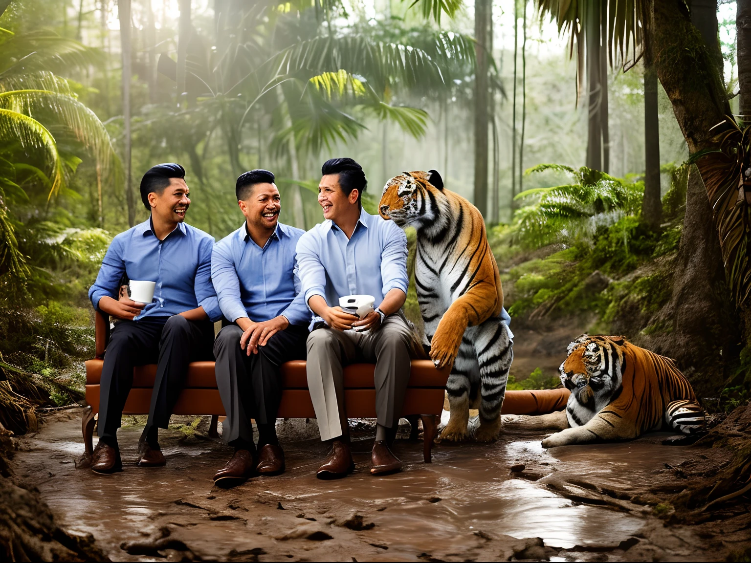 3 malay men seating in office outfit for men drinking coffee in thick and muddy jungle, wear suit, realistic face, detail face, laughing and happy, matured men, bright lighting, ultra detail photography, wild animal in background, tiger in background, wild tiger hiding in background, view from in front, ultra detail face, professional lighting setting, drinking coffee with tiger,