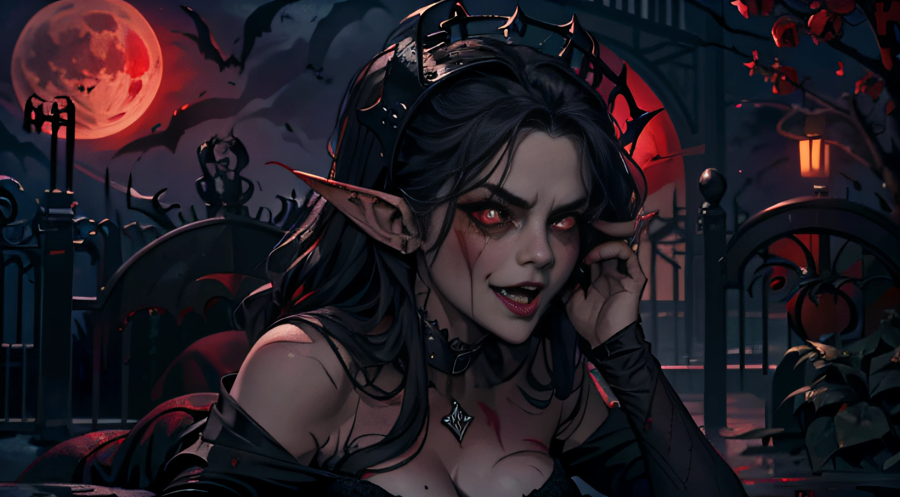 Masterpiece, highest quality, 8K HD, 1 vampire girl, Scary atmosphere, Gothic, open mouth, vampire teeth, revealing long fangs, blood red lips, bleeding mouth, greedy licking tongue, (Night :1.8), long Burgundy hair, weird expression, elf ears, black lace dress, sexy, vampire, (Graveyard :0.8), (Exquisite European-style iron gate :1.4), full of thorns and roses, under the red moon, crown, bat, blood