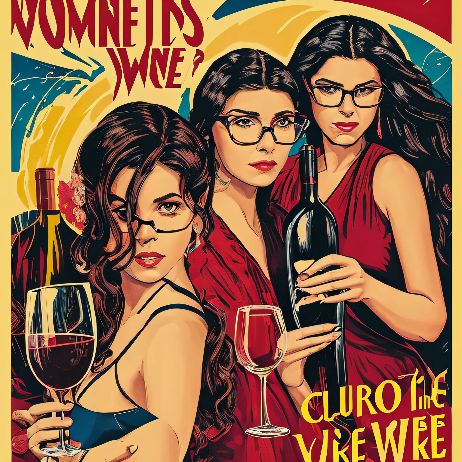 there are two women holding glasses of wine in front of a poster, Directed by: Roberto Combas --auto