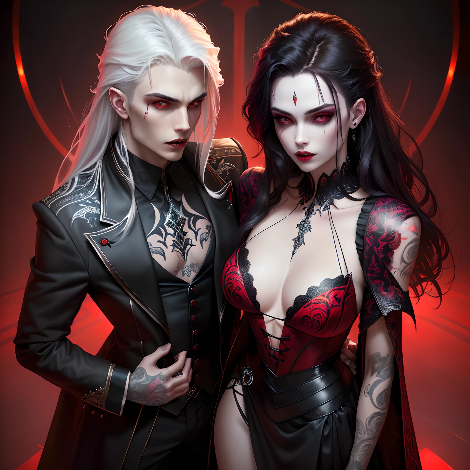 Create two vampires who have just woken up from a deep sleep,Full body low angle shot of intimidating vampire,One is a handsome and cold gentleman, a vampire gentleman,whaite hair,Dressed in black, Man, Handsome face, Long jacket, Long dark hair, red color eyes, Low angle, Highly detailed, Better face,The other is a noble and elegant vampire girl,glitchpunk girl,pale milky white porcelain skin, Vampires,Smooth translucent white skin, small thighs,Small waist,Small hips,cropped shoulders,Nice collarbone,ultra-realistic realism,big breasts exposed cleavage,The upper part of the body, A female DJ, Look at the crowd,,Wear a bikini,Tattooed with,red color eyes,goth style,Psychedelic surrealist art,Surrealist psychedelic design,dream art style,Illusion psychedelic art,Quality quantity, Skin texture, Intricate details, (Cinematic lighting), RAW photo, 8K,